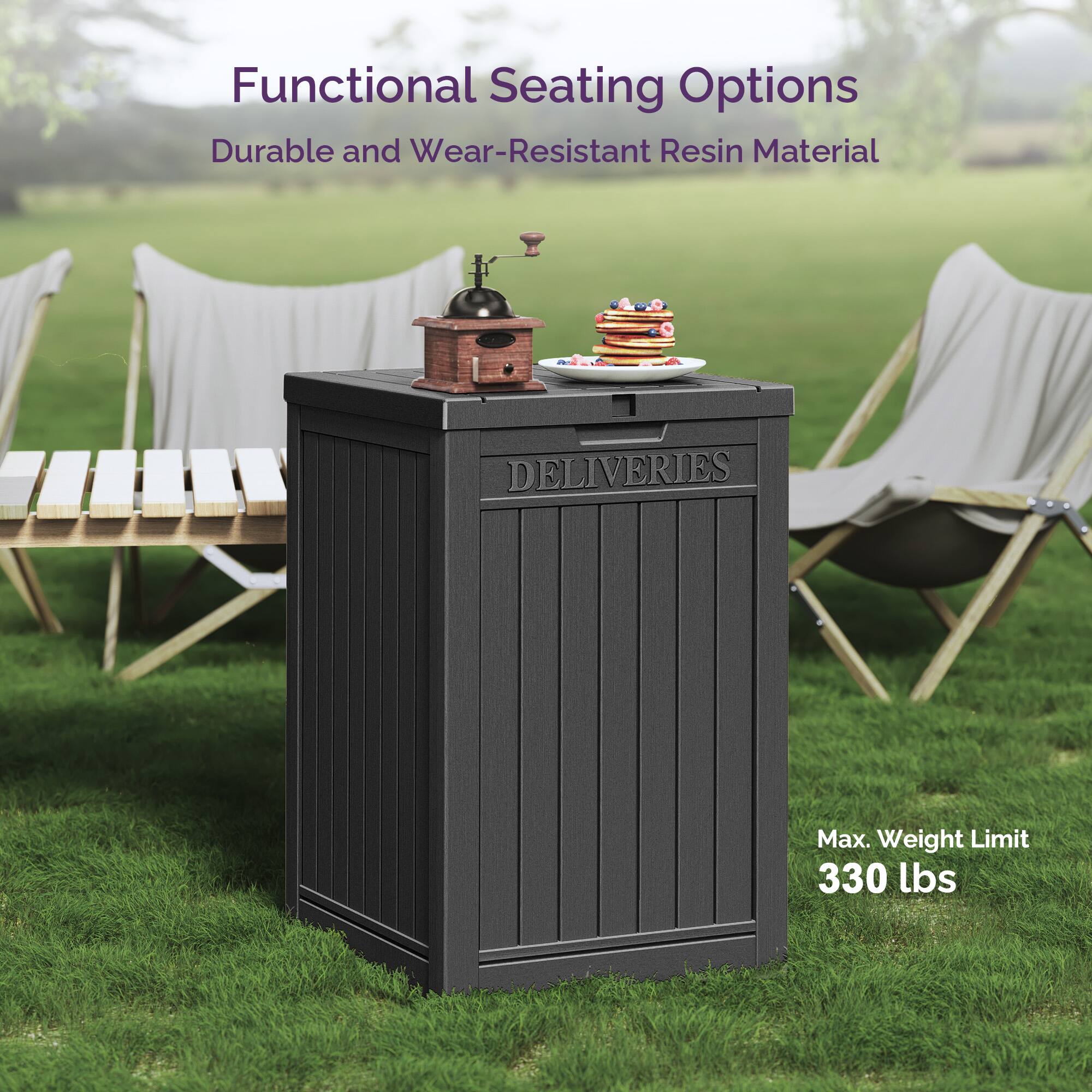 Functional Seating Options  
Durable and Wear-Resistant Resin Material  

DELIVERIES  

Max. Weight Limit  
330 lbs