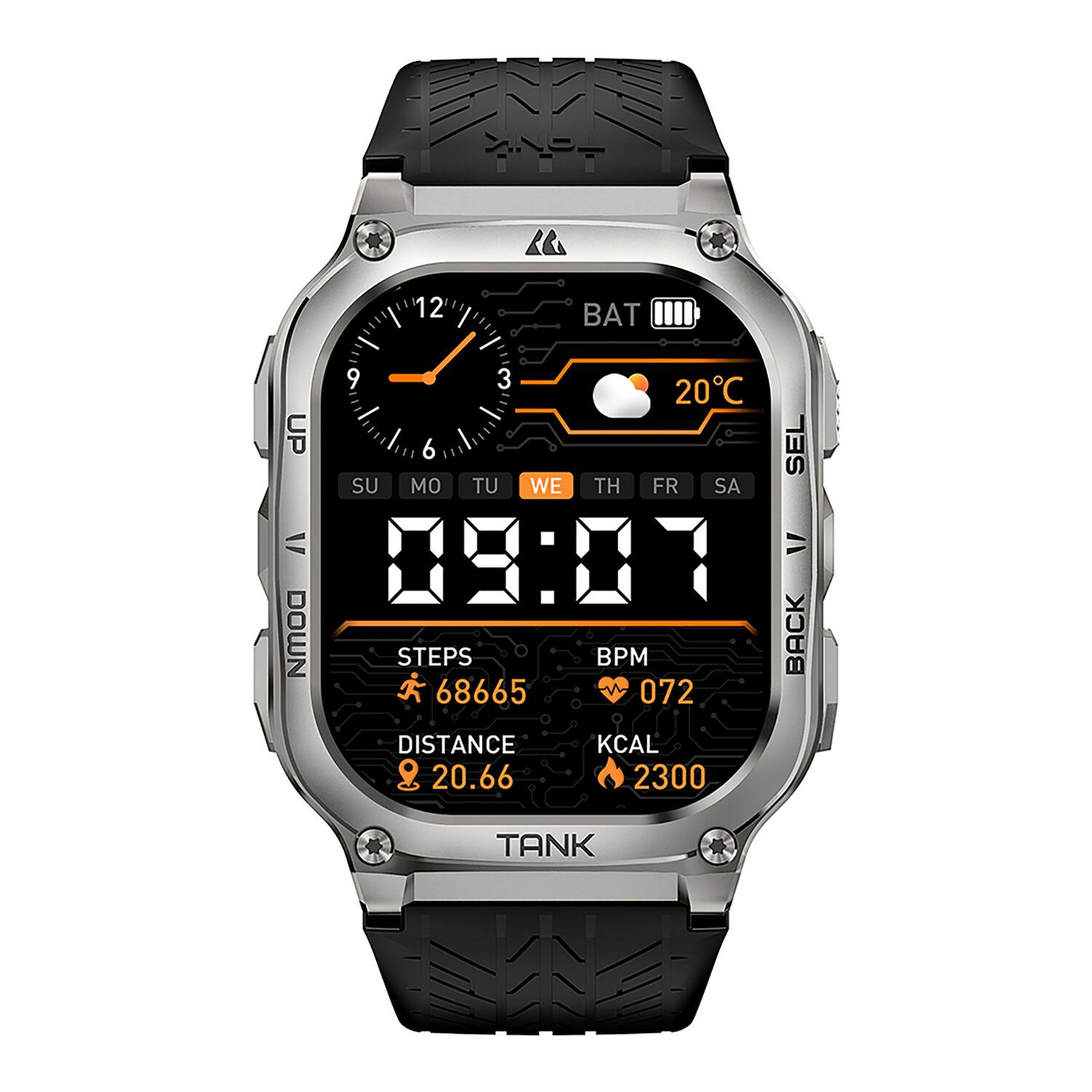 12 BAT 9 3 20°C UP 6 SEL SU MO TU WE TH FR SA  
09:07 DOWN STEPS BPM BACK  
68665 072 DISTANCE 20.66 KCAL 2300 TANK