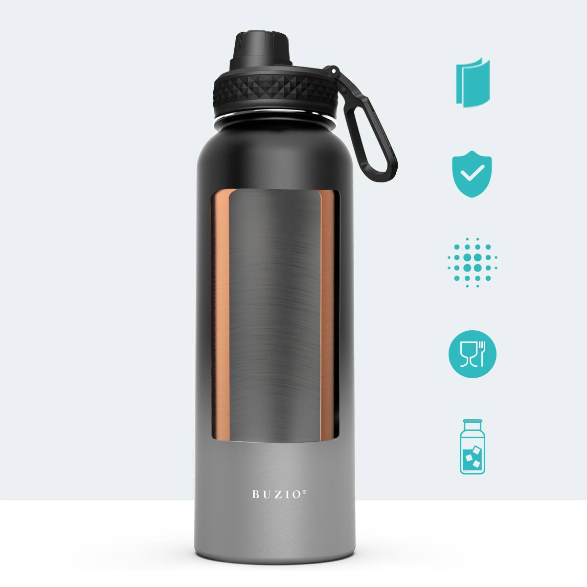 Alt View 13. Buzio - 40oz Insulated Water Bottle with Straw Lid and Spout Lid - Black & Gray.