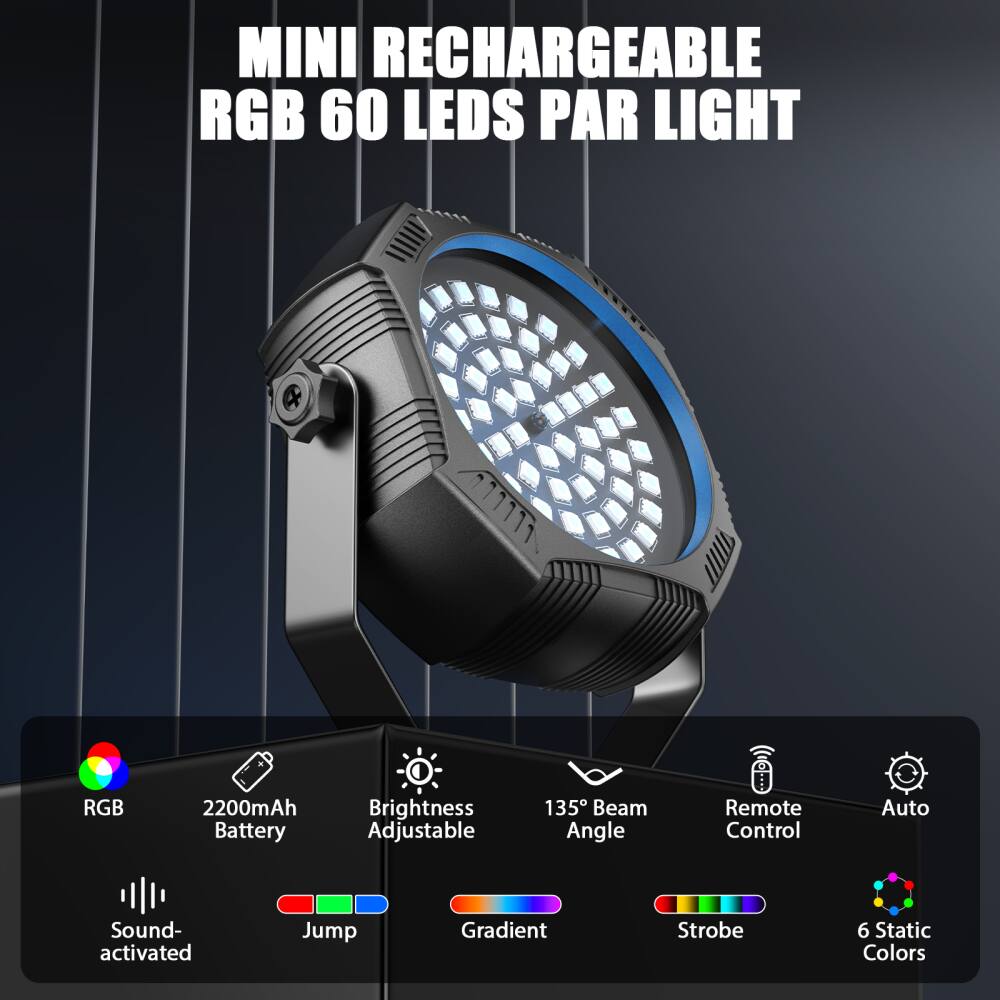 MINI RECHARGEABLE RGB 60 LEDS PAR LIGHT

- RGB
- 2200mAh Battery
- Brightness Adjustable
- 135° Beam Angle
- Remote Control
- Auto
- Sound-activated
- Jump
- Gradient
- Strobe
- 6 Static Colors
