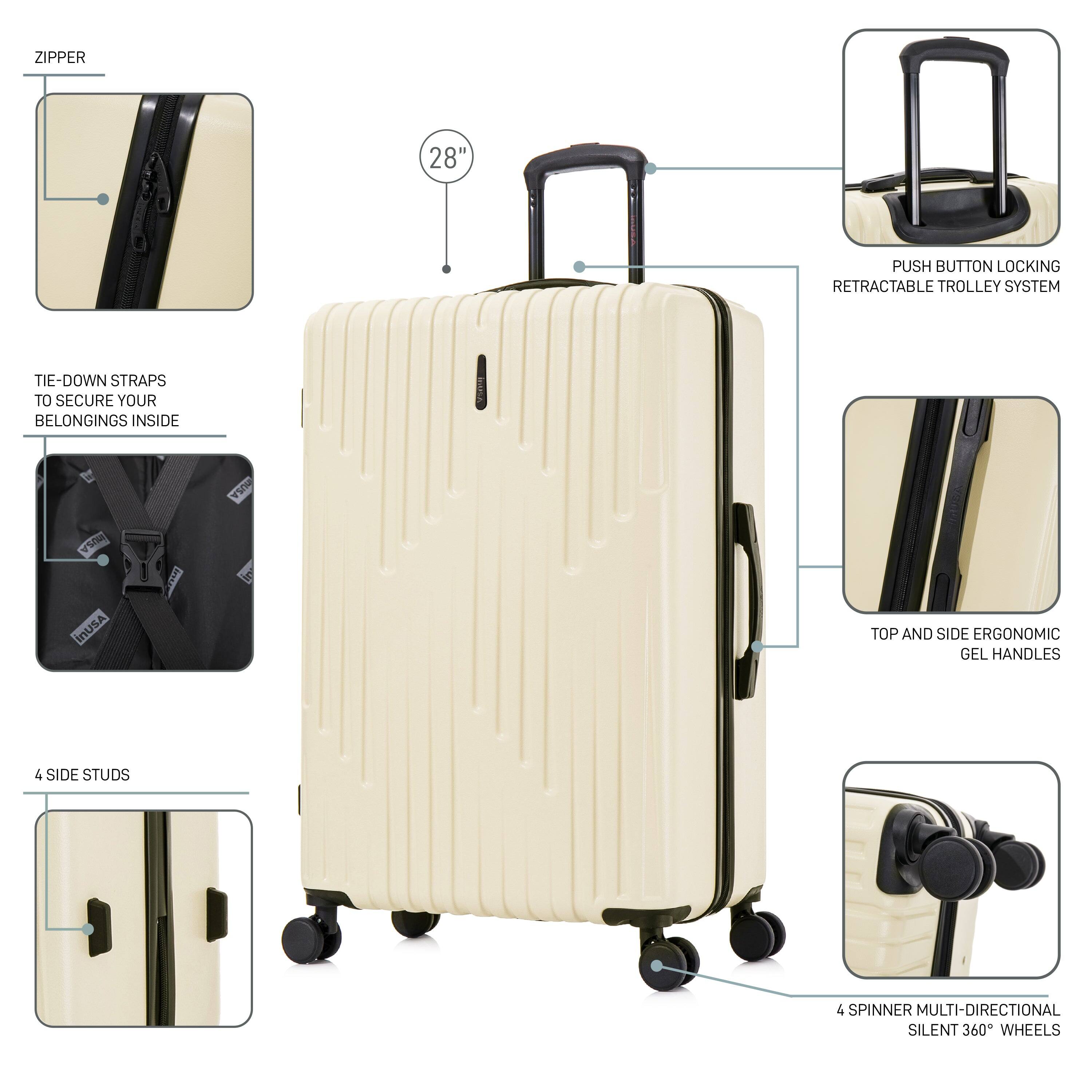 ZIPPER  
28"  
PUSH BUTTON LOCKING RETRACTABLE TROLLEY SYSTEM  
TIE-DOWN STRAPS TO SECURE YOUR BELONGINGS INSIDE  
4 SIDE STUDS  
TOP AND SIDE ERGONOMIC GEL HANDLES  
4 SPINNER MULTI-DIRECTIONAL SILENT 360° WHEELS