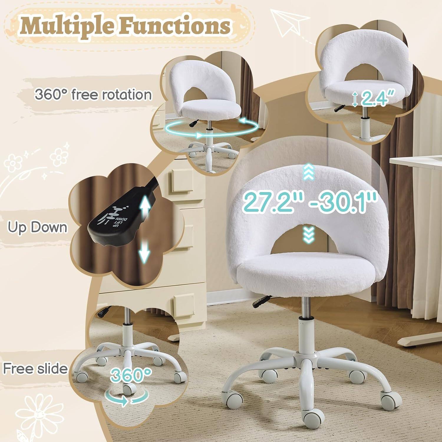 Multiple Functions  
360° free rotation  
2.4" Up Down  
27.2" - 30.1"  
Free slide  
360°
