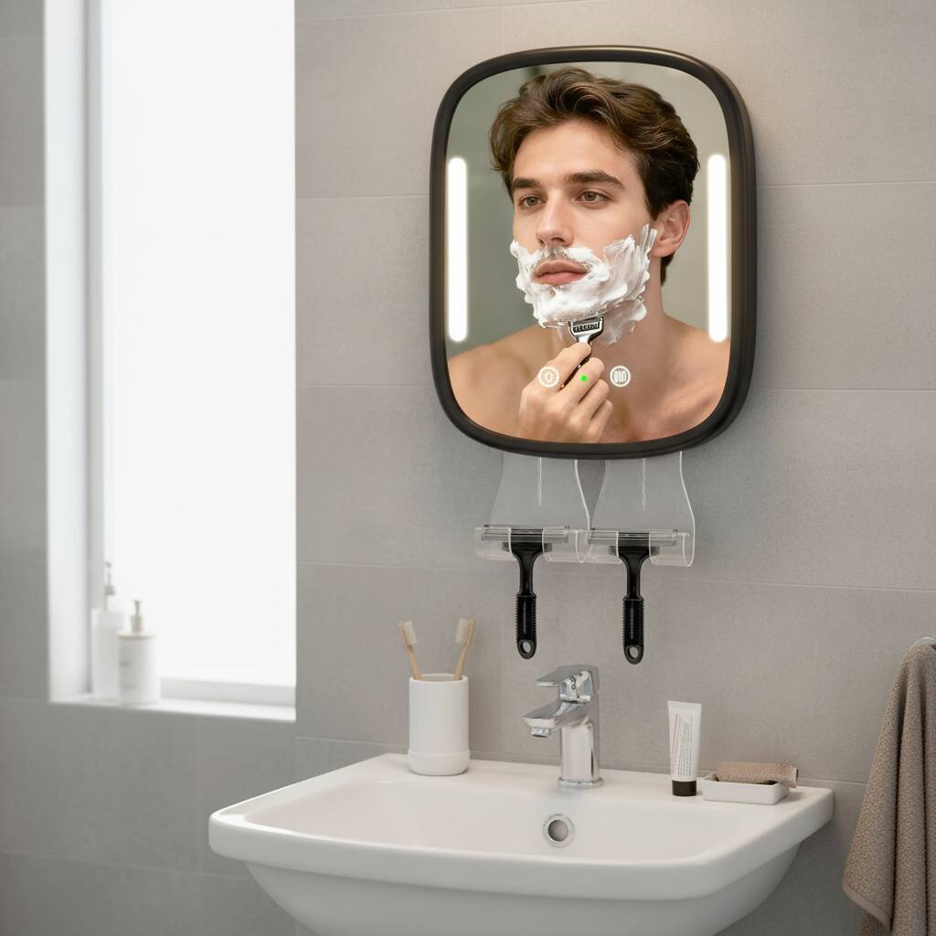 Angle. Dazzed Corner - Anti-Fog Rechargeable Shower Mirror with Lights, Heated - Black.