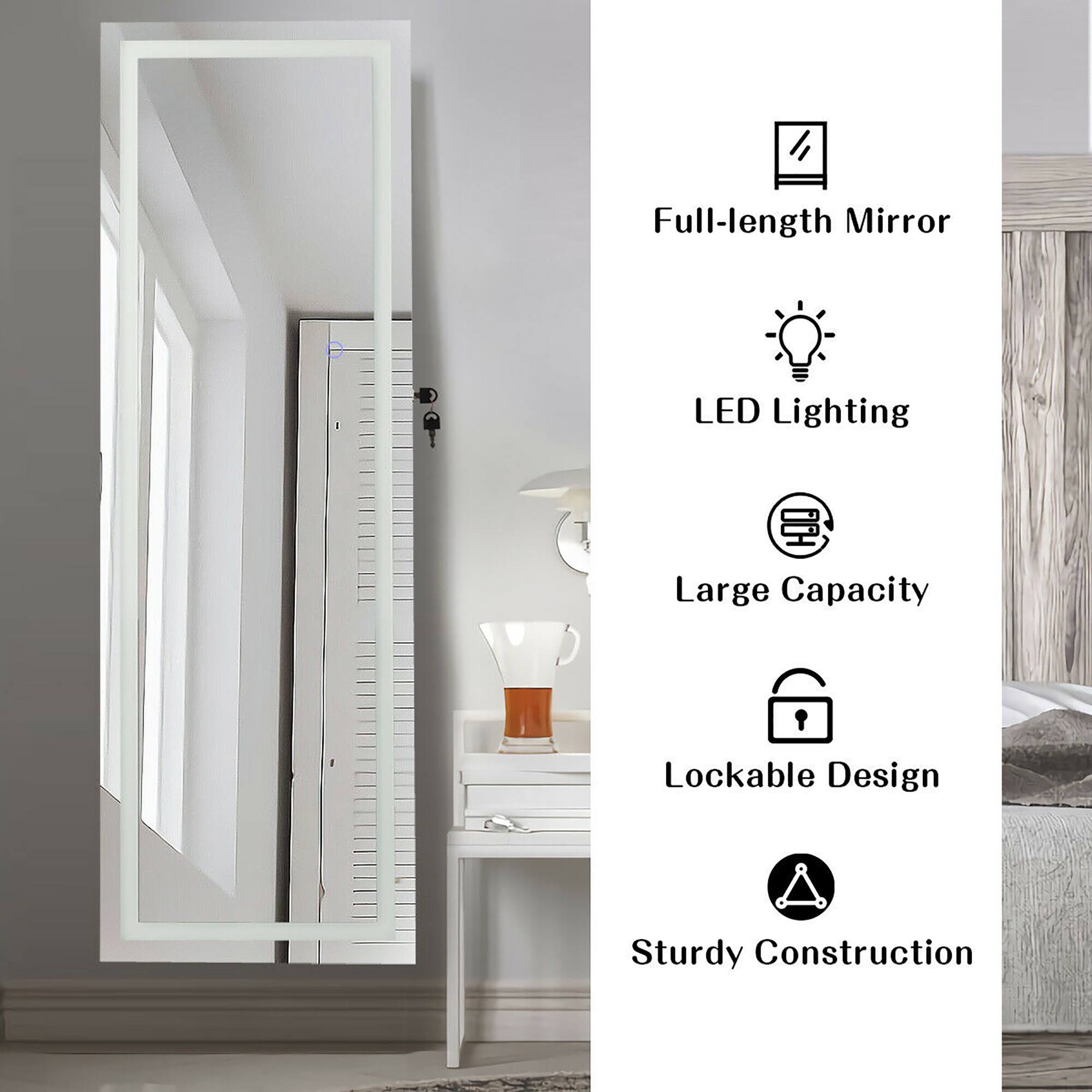 Full-length Mirror LED Lighting Large Capacity Lockable Design Sturdy Construction