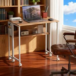 GOODSILO - Foldable Mobile Desk with Storage Shelf and Wheels for Compact Home Office Spaces - Natural Wood,White