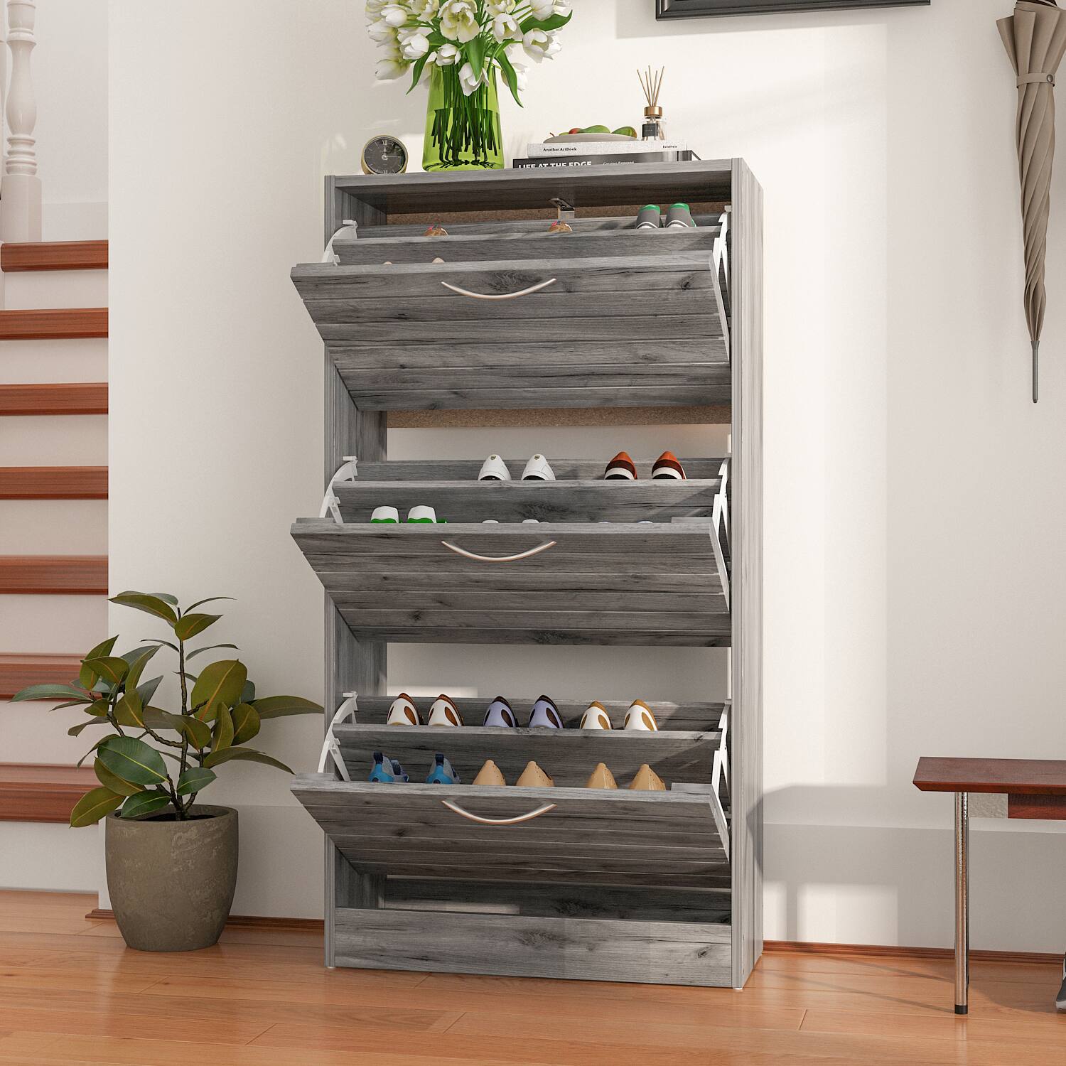 Back. Famapy - Famapy Multi - Tier Flip - Down Shoe Storage Cabinet – Rustic Wood Finish, Adjustable Shelves for Neat Entryway - Gray.