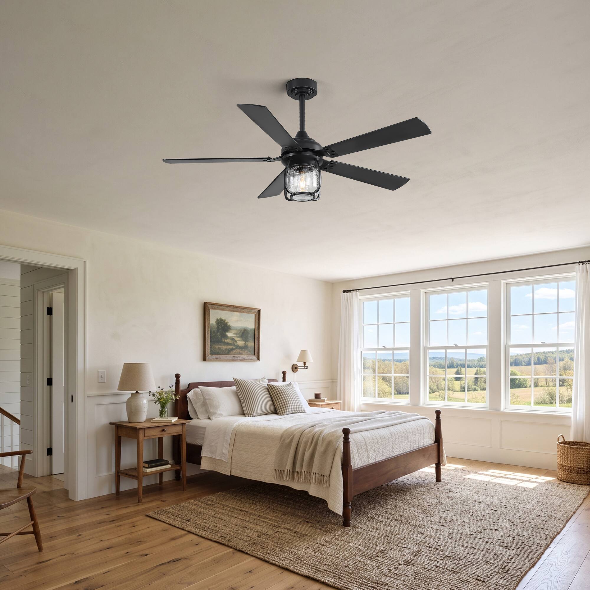 Alt View 2. Breezary - 52 Inch Ceiling Fan with Light, 5 Plywood Blades, Quiet DC Motor, Remote Control, 6 Speeds, 1/4/8H Timer - Black.