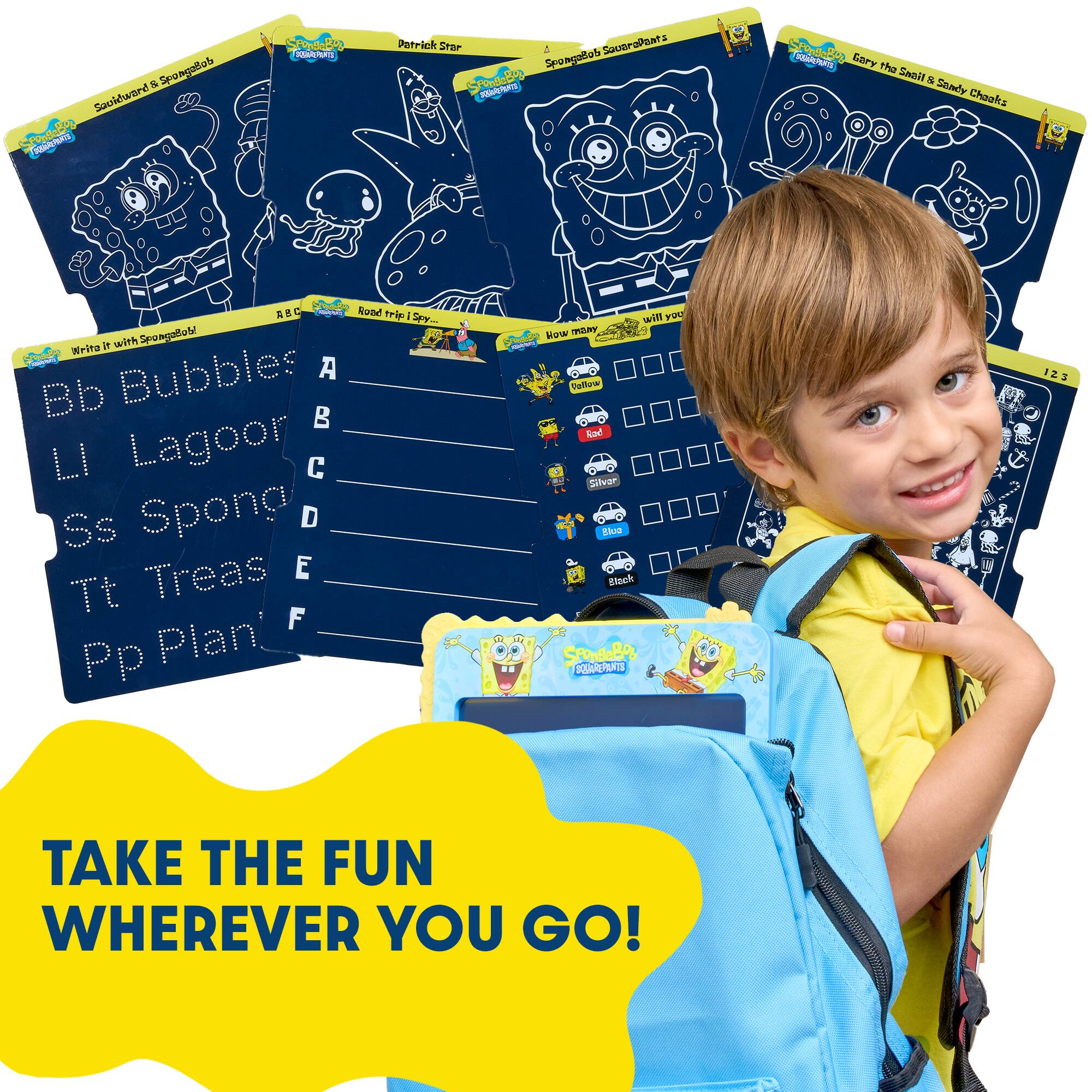 Sure, here is the corrected and grouped text from the image:

---

**SpongeBob SquarePants**

- **Spoagaob Suoidward COARNR RANA Patrick 22 iN SuvtraPonts Spoagallul dB T Ka 8 Gery the Samil Saay Chaaks**
- **d Rund trie S i with uu Write Bubbles A Bb LI Lagoor Ss Tt Spong Treas ABCDEF F E D Pp Plan Mi yOu Now may Dalfow Sad Silvar - thua Blnck SPONBeBo AARPENTE IZ2**

---

**SpongeBob SquarePants**

- **Bb Bubbles**
- **Ll Lagoon**
- **Ss Sponge**
- **Tt Treas**
- **Pp Plan**

---

**SpongeBob SquarePants**

- **Road trip Spy...**
- **How many will you see?**
- **Yellow**
- **Red**
- **Blue**
- **Silver**
- **Black**
- **Blue**

---

**SpongeBob SquarePants**

- **TAKE THE FUN WHEREVER YOU GO!**