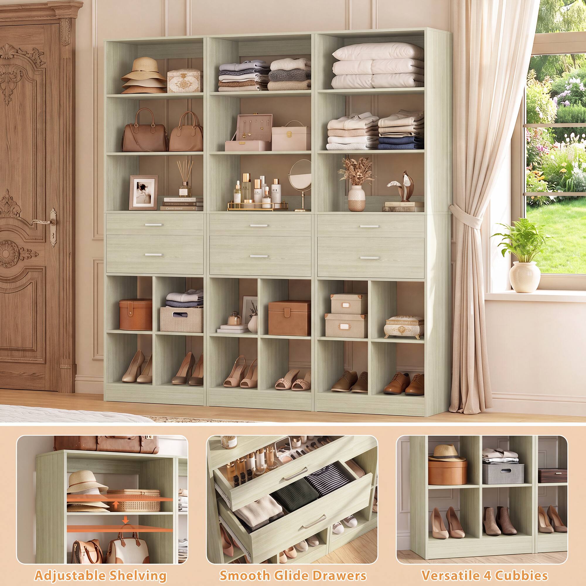 Adjustable Shelving  
Smooth Glide Drawers  
Versatile 4 Cubbies