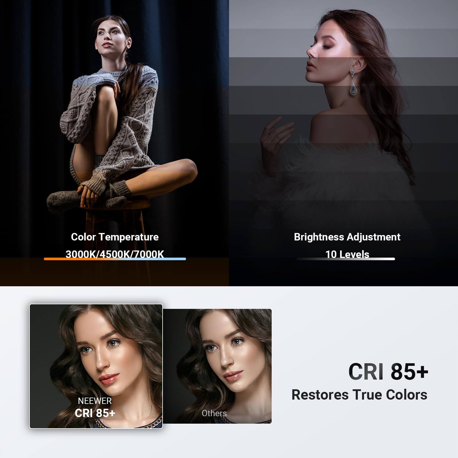 Color Temperature 3000K/4500K/7000K  
Brightness Adjustment 10 Levels  
NEEWER CRI 85+  
Others CRI 85+  
Restores True Colors