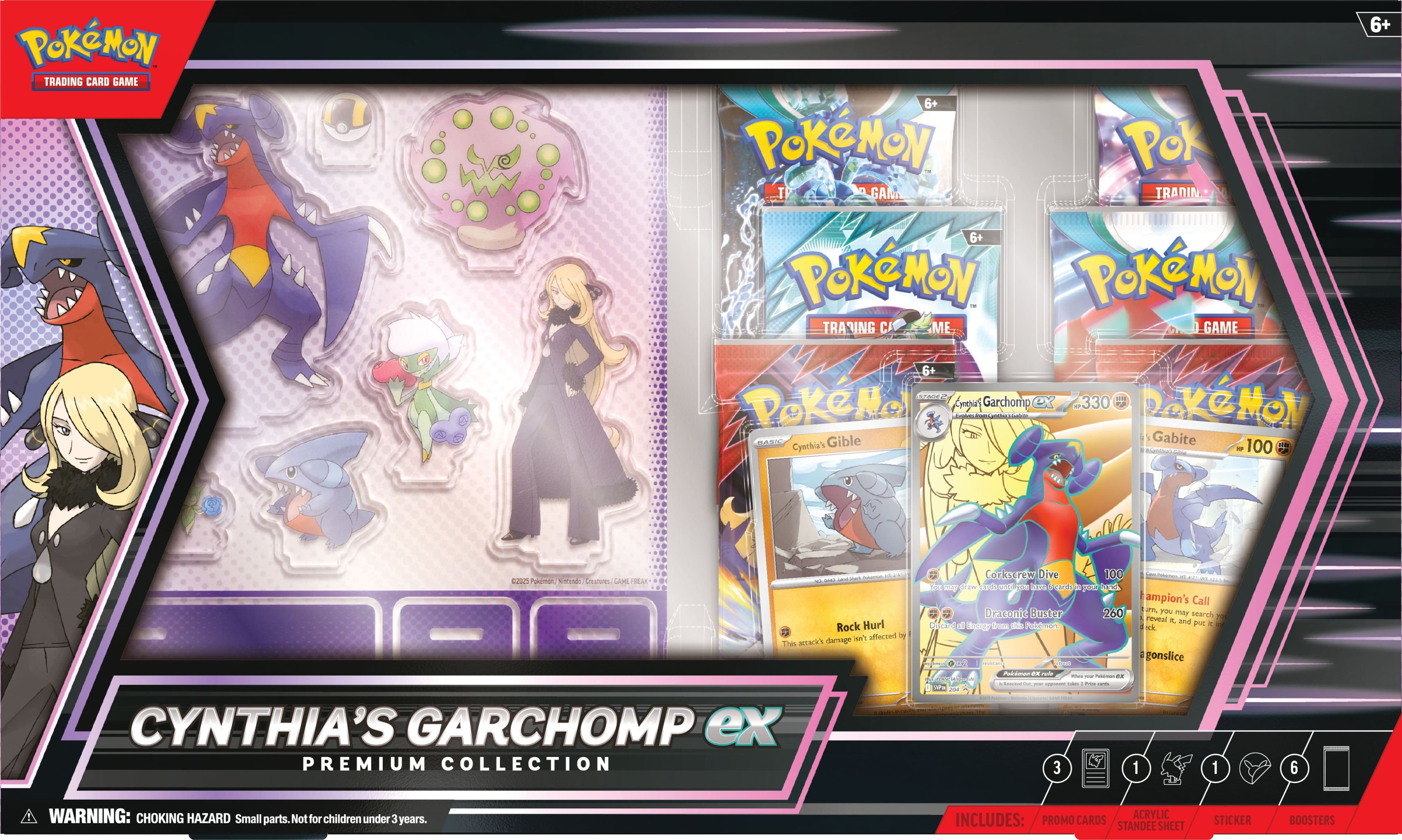 Pokemon Trading Card Game Premium Collection Cynthia's Garchomp ex Box Set with 6+ Pokemon Cards, 200 Cards, 2 Boosters, 1 Standee Sheet, 1 Sticker Sheet, 1 Promo Card, and 1 Champion's Call Card.