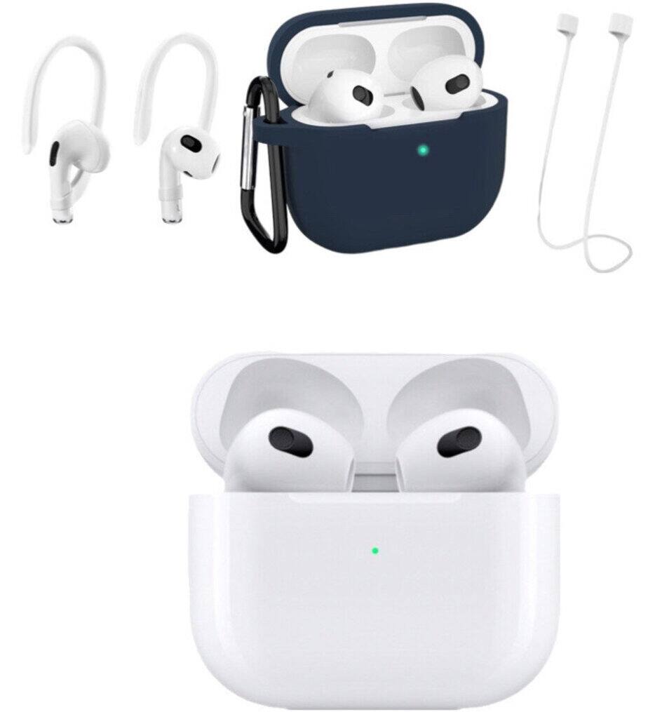 Front. Apple - Apple AirPods (3rd generation) with Lightning Charging Case- Blue Case Bundle - Multi.