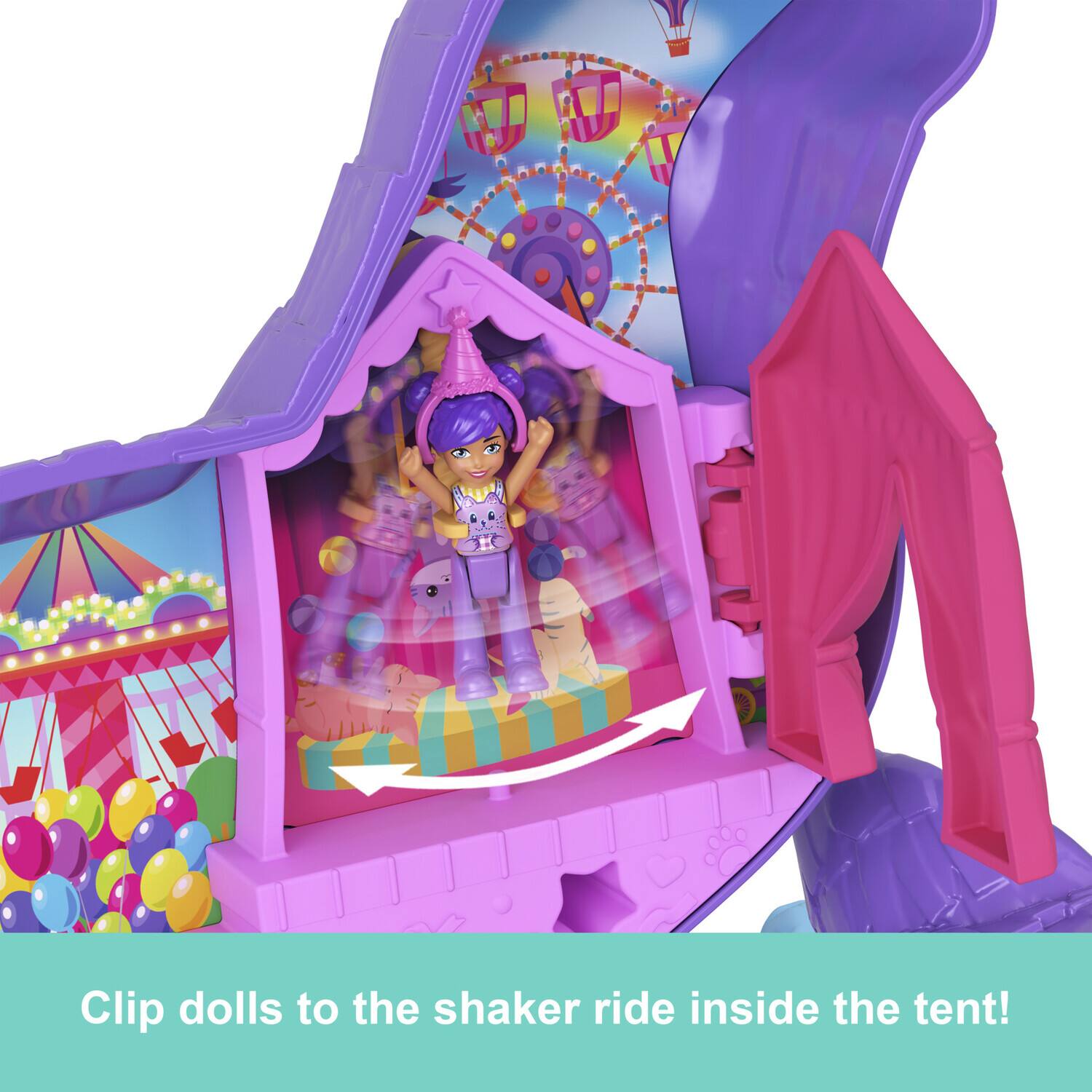 Clip dolls to the shaker ride inside the tent!