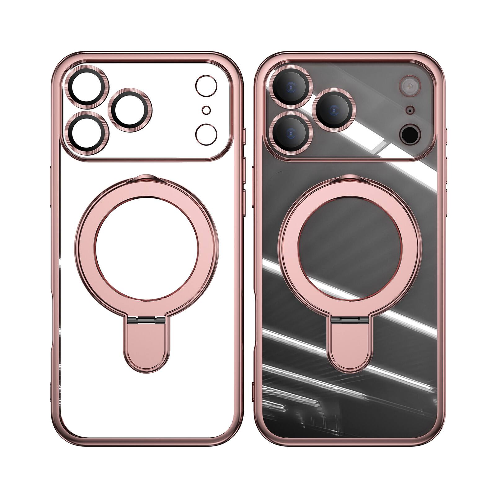 Left. Dteck - Dteck MagSafe Compatible Case for Apple iPhone 17 Pro Max with Plating Ring Stand Lens Protection Cover - Rosegold.