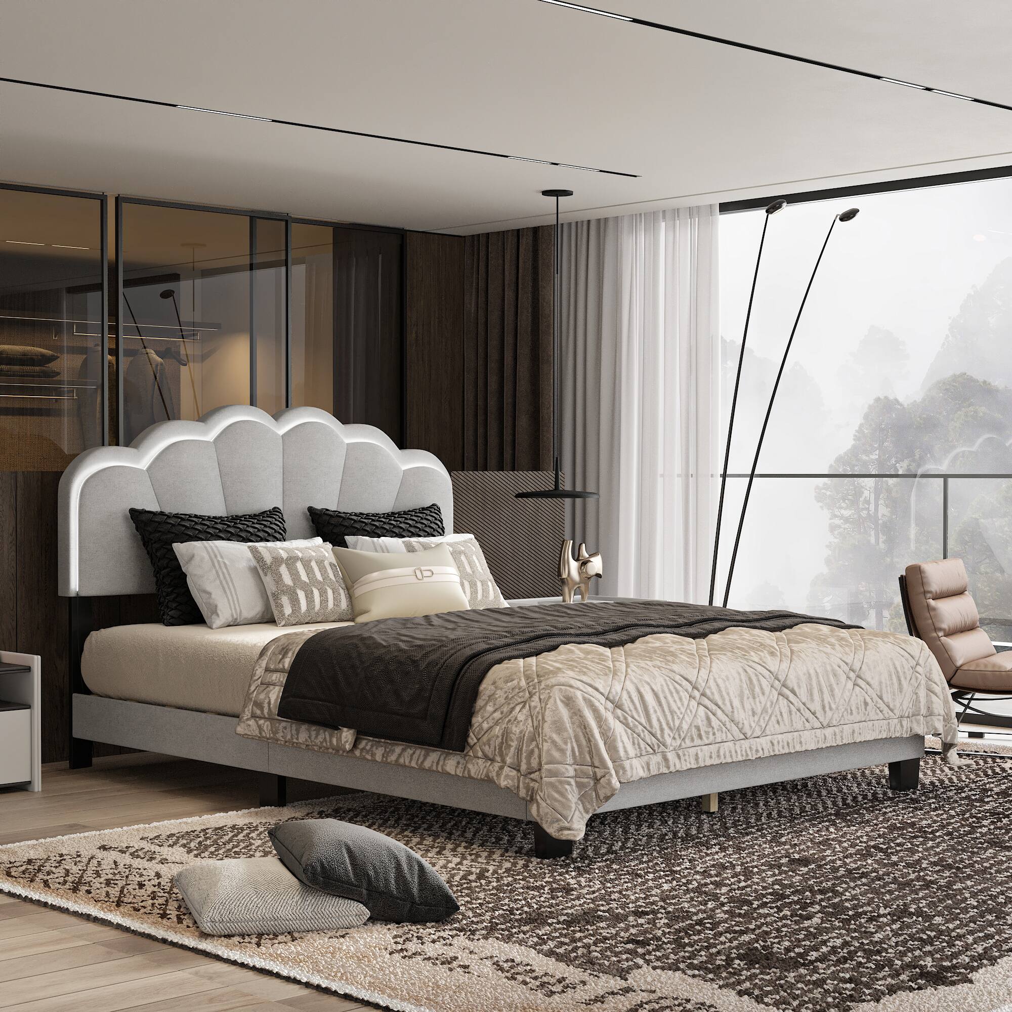 Alt View 6. Famapy - Famapy Upholstered Bed Frame: LED - Lit Shell Headboard & Reinforced Support - Gray.