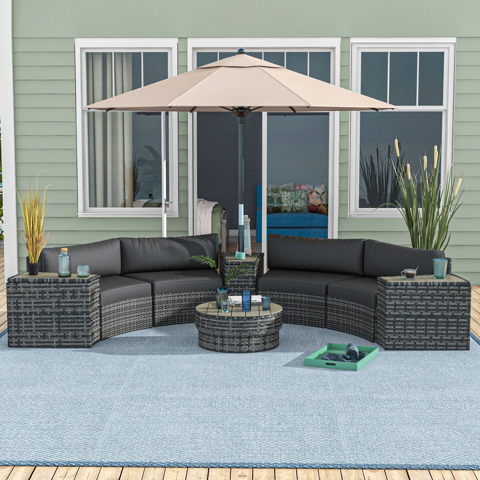 Alt View 1. Outsunny - 8 Piece Patio Furniture Set with 4 Rattan Sofa Chairs & 4 Tables, Outdoor Conversation Set with Storage & Umbrella Hole - Mixed-Gray.