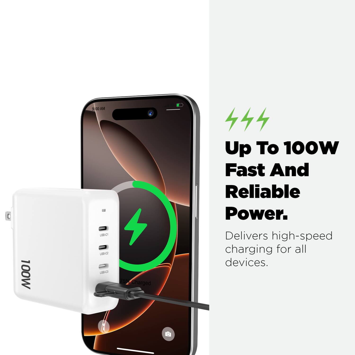 100W  
9:00 AM  
USB-C 1  
USB-C 2  
USB-C 3  
75% Charged  

Up To 100W Fast And Reliable Power.  
Delivers high-speed charging for all devices.