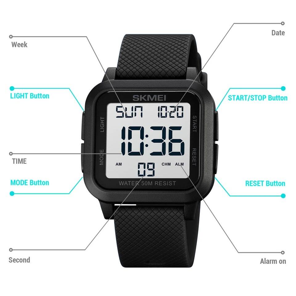 - Week
- Date
- LIGHT Button
- TIME
- MODE Button
- START/STOP Button
- RESET Button
- Second
- Alarm on
- WATER 50M RESIST
- CHM ALM
- AM