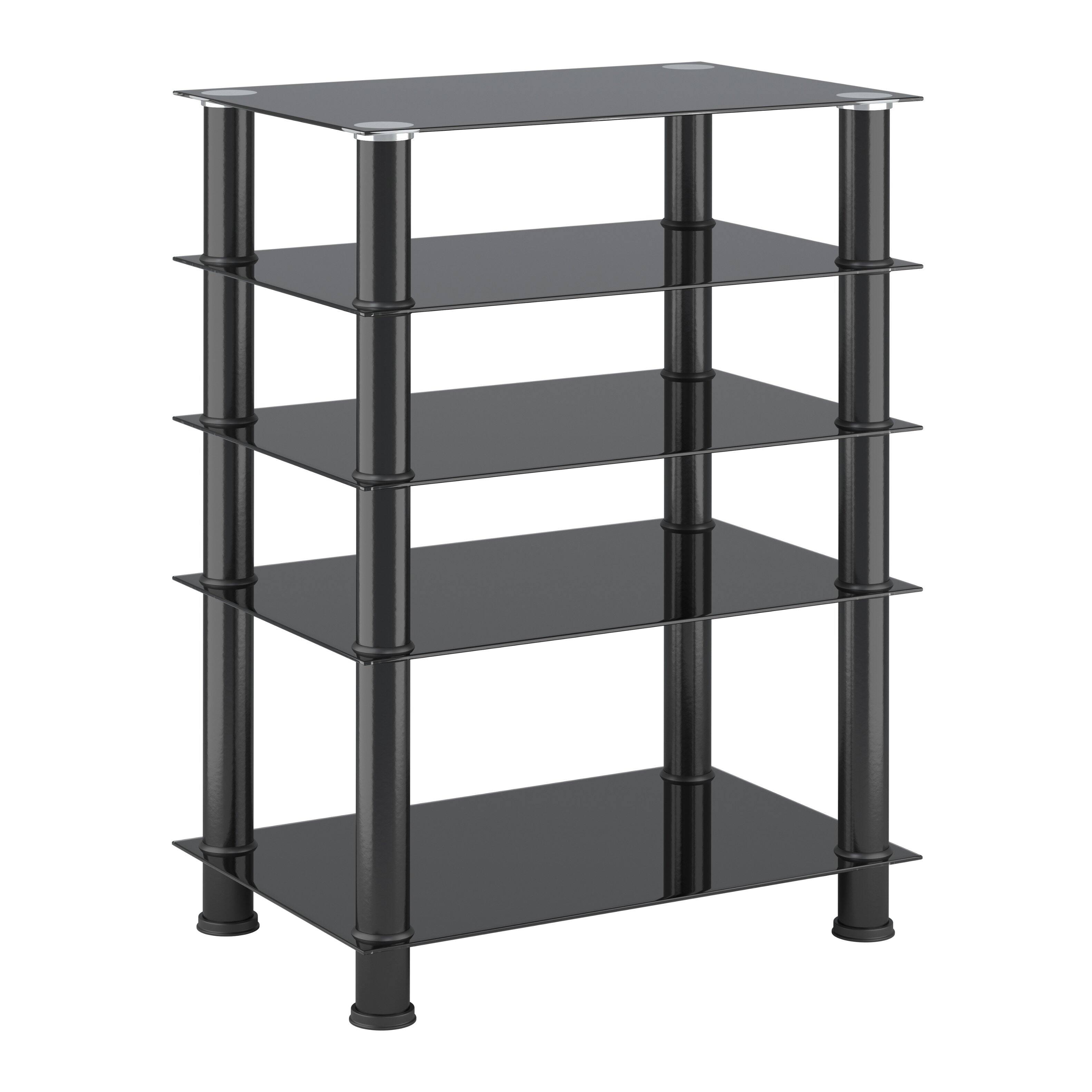 Angle. CorLiving - CorLiving Laurent Black Tempered Glass and Metal Customizable 5-Tier Media Component Stand - Black.