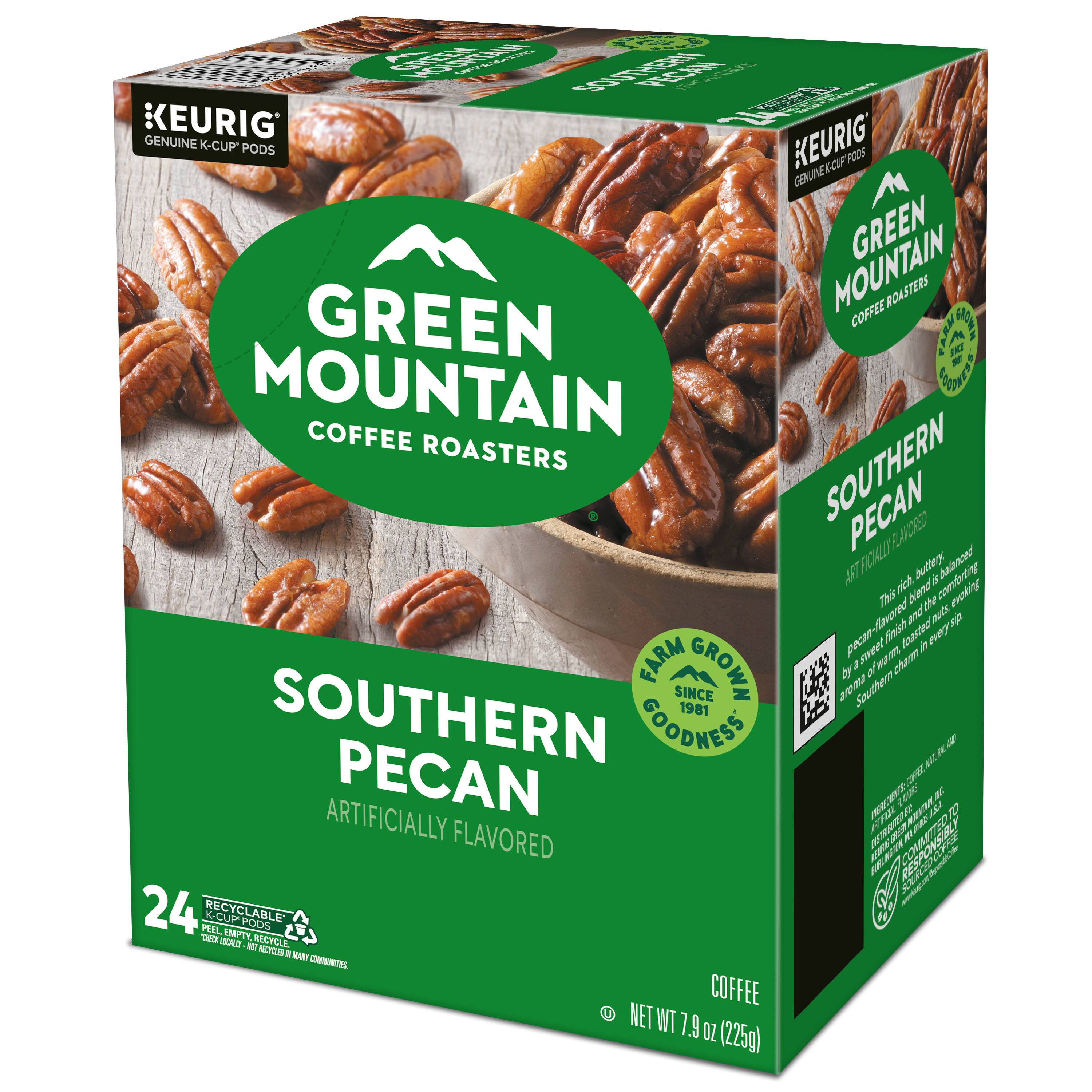 Sure, here is the corrected and grouped text from the image:

---

**KEURIG**  
GENUINE K-CUP PODS

**GREEN MOUNTAIN COFFEE ROASTERS**

**SOUTHERN PECAN**  
ARTIFICIALLY FLAVORED

**FARM GROWN SINCE 1981 GOODNESS**

This rich, buttery, nutty blend is balanced by a sweet, caramelized pecan flavor. The evoking aroma of Southern pecan-flavored sweet taste in every cup.

**24 RECYCLABLE K-CUP PODS**  
KEEP EMPTY PODS OUT OF LANDFILLS. NOT RECYCLABLE IN MANY COMMUNITIES.

**NET WT 7.9 OZ (225g)**

---

This text is organized to reflect the information on the packaging as it appears.
