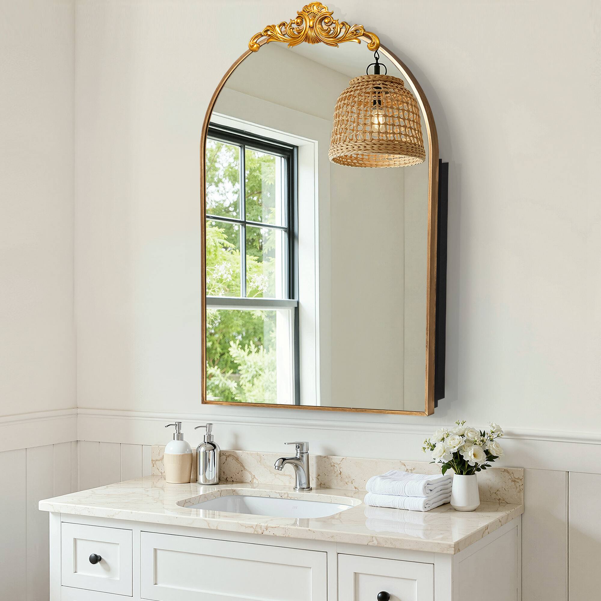 Angle. Lirago - Lirago Arch Gold Iron Recessed Medicine Cabinet with Mirror Adjustable Shelves Shatterproof Glass - Gold.