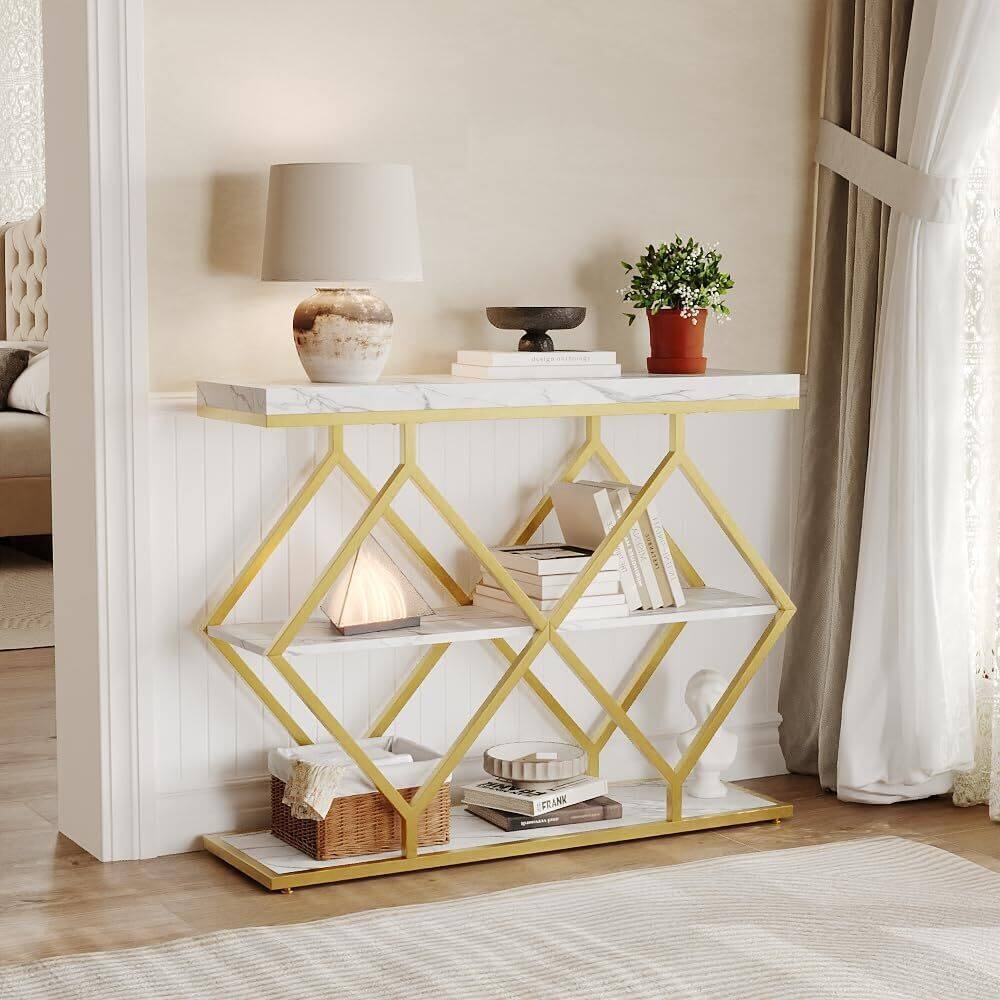 Front. Acekool - 3-Tier Console Table, Entryway Table with Storage Shelf for Hallway, Living Room, White - White.