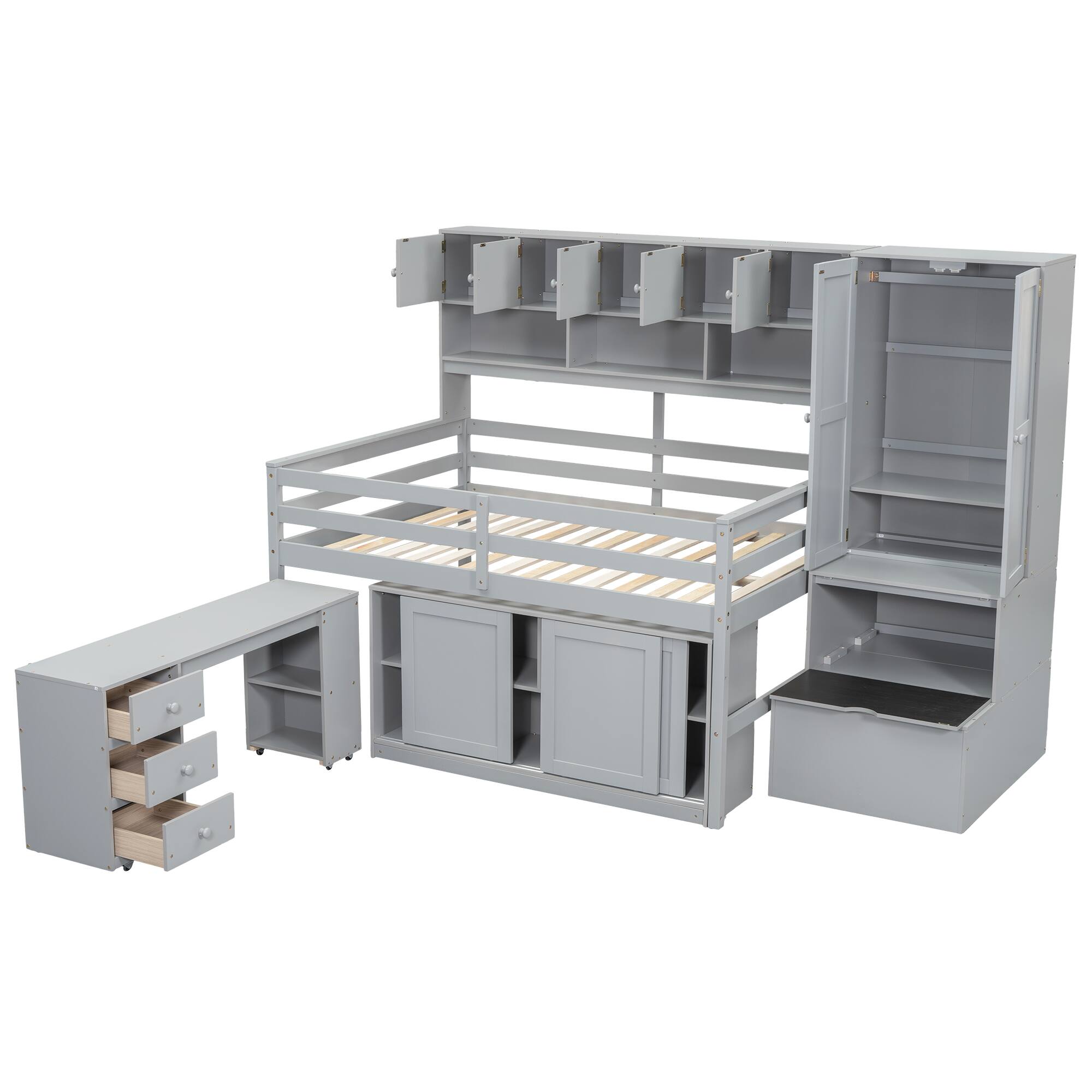 Alt View 6. Tiramisubest - Full Size Gray Wooden Loft Bed with Storage, Desk, Drawers & Shelves - Gray.