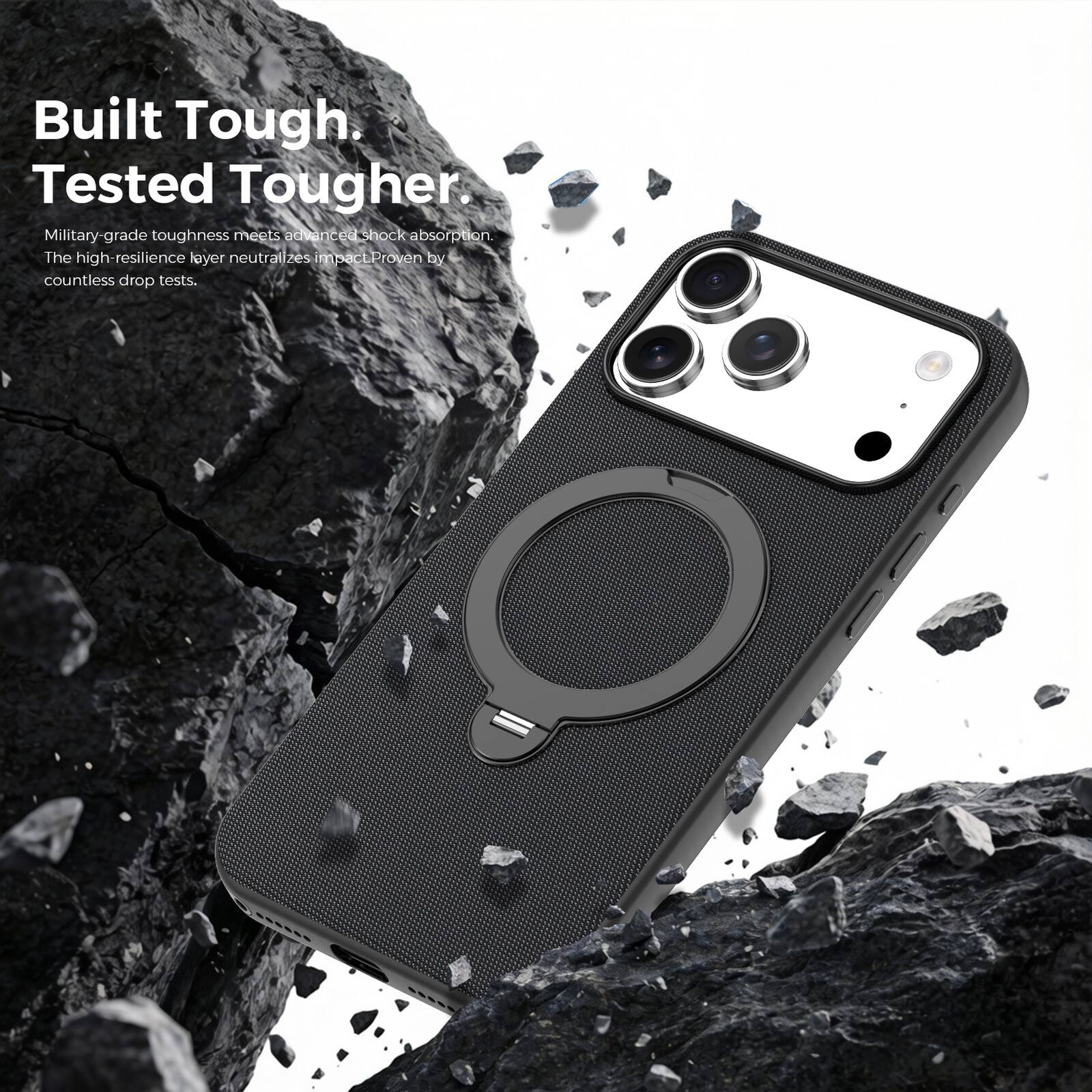 Built Tough.  
Tested Tougher.  

Military-grade toughness meets advanced shock absorption.  
The high-resilience layer neutralizes impact. Proven by countless drop tests.