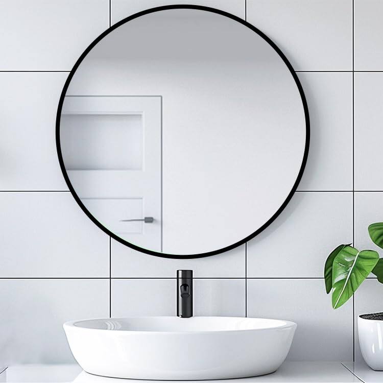 Comfort Essence - Round Mirror Metal Frame Circle Wall Mounted Mirrors For Bathroom Living Room Bedroom Entryway Vanity - Black-28"