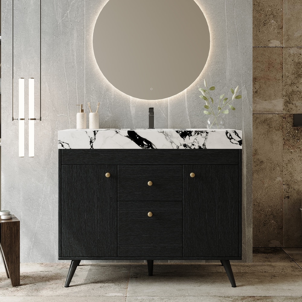 Front. Loheer - Loheer 36 inch freestanding bathroom vanity with sintered stone vanity top, ceramic sink, black and gold - Black/Gold/White.