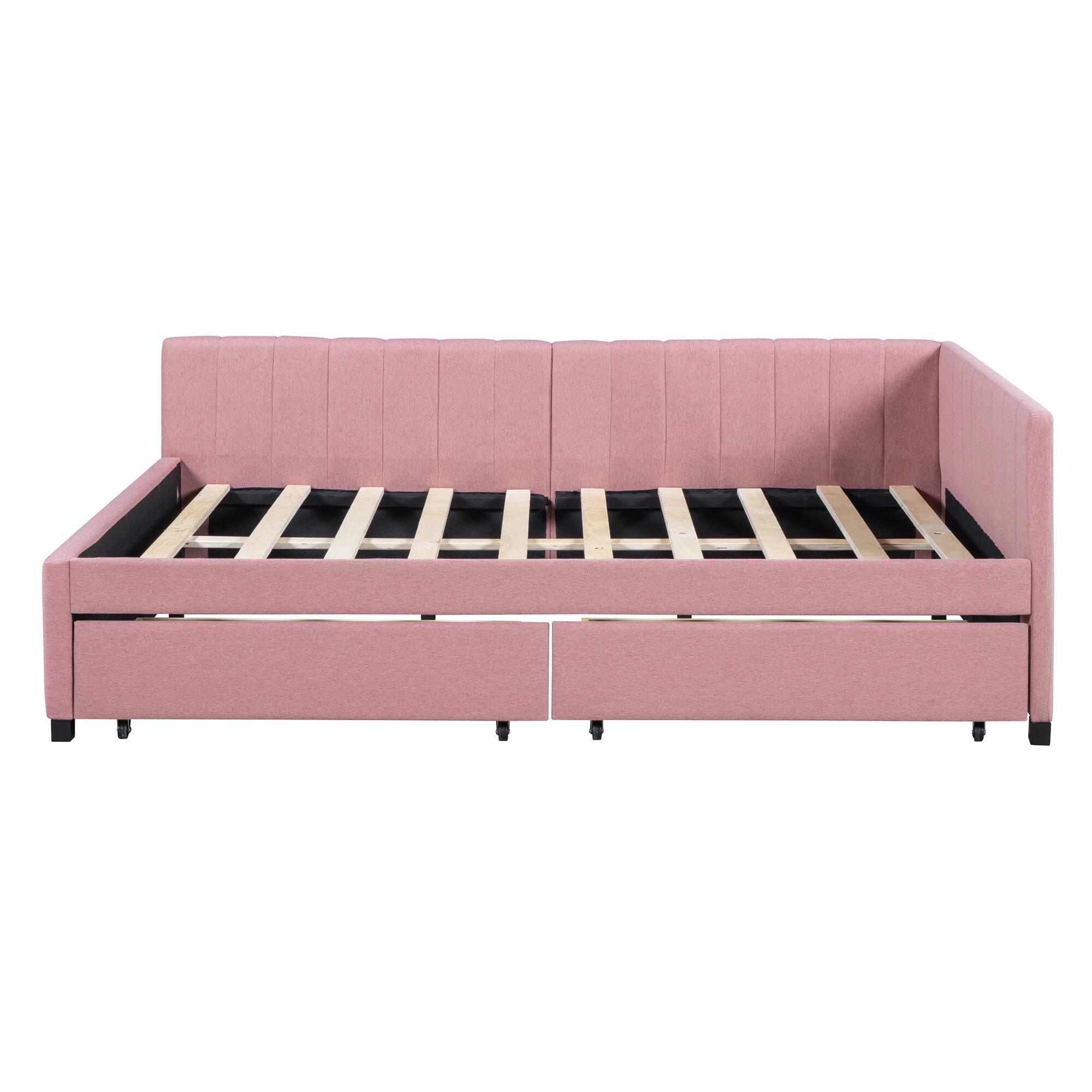 Back. Tiramisubest - Full Size Upholstered Daybed with 2 Storage Drawers Sofa Bed Frame No Box Spring Needed, Linen Fabric (Pink) - Pink.
