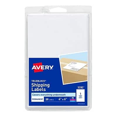 AVERY  
TRUEBLOCK Shipping Labels  
Covers everything underneath  
PERMANENT  
20 LABELS  
4" x 6"  
5292  
1 LARL