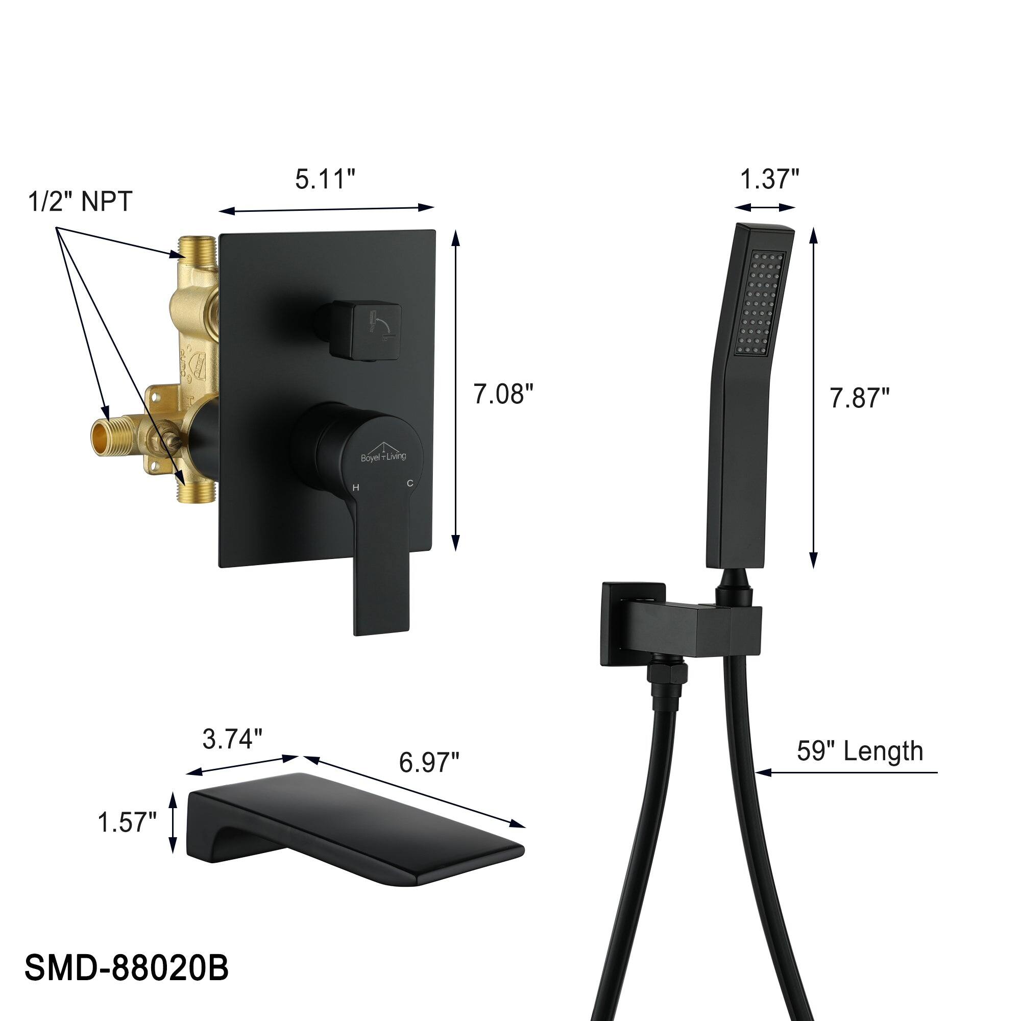 1/2" NPT 5.11" 1.37" 7.08" 7.87" Boyel-Liing H 3.74" 6.97" 59" Length 1.57" SMD-88020B