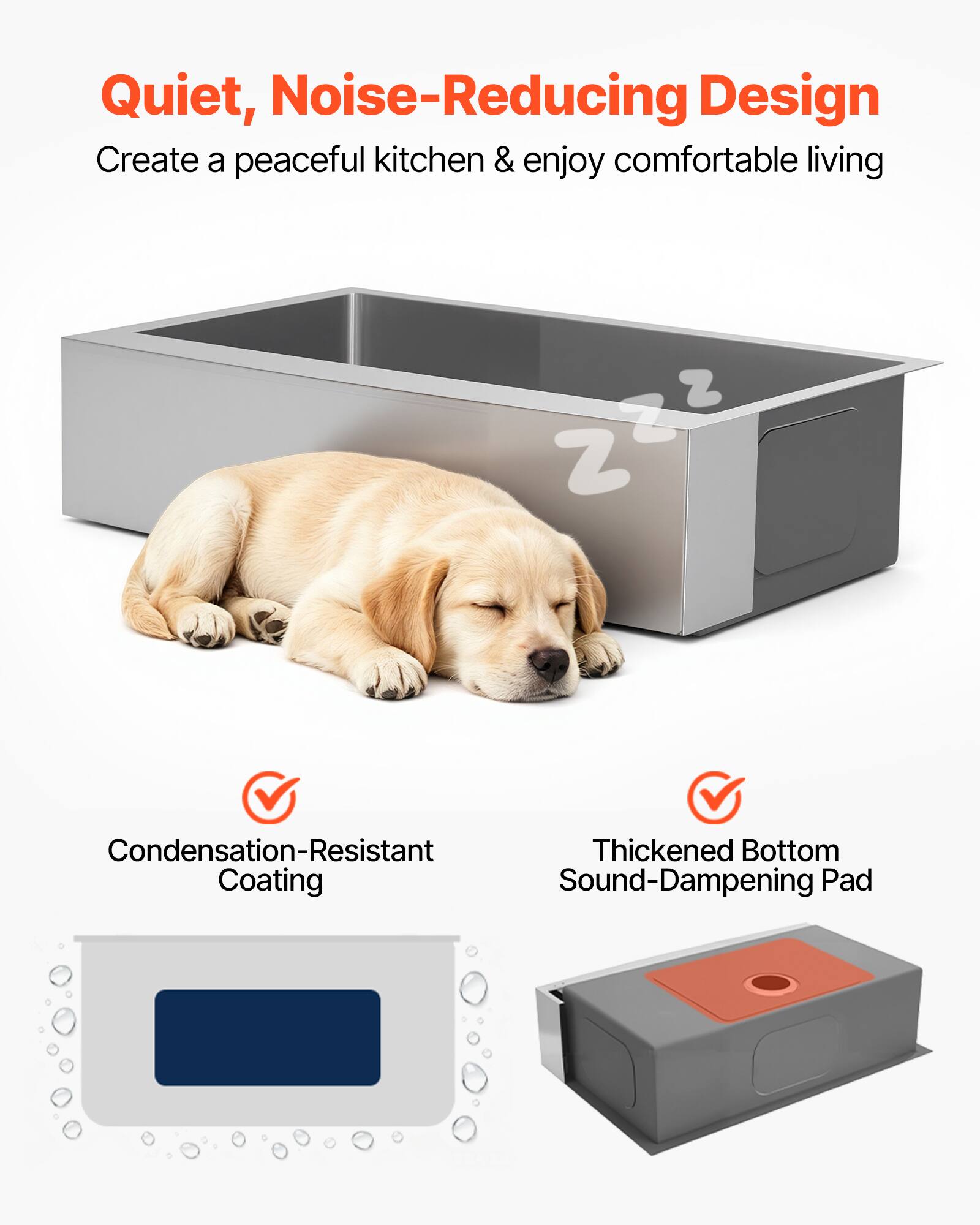 Quiet, Noise-Reducing Design  
Create a peaceful kitchen & enjoy comfortable living  

- Condensation-Resistant Coating  
- Thickened Bottom Sound-Dampening Pad