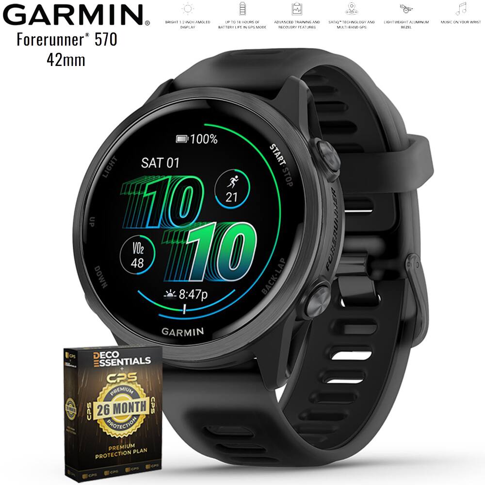GARMIN Forerunner 570 42mm

- BRIGHT 1.2" AMOLED DISPLAY
- UP TO 18 HOURS OF BATTERY LIFE
- ADVANCED TRAINING AND RECOVERY FEATURES
- GPS MODE
- MULTI-BAND GPS
- LIGHT-WEIGHT ALUMINUM BEZEL
- MUSIC ON YOUR WRIST

- 100% LIGHT
- SAT 01
- 10:10
- VO2 48
- 8:47p
- START STOP
- UP 10
- DOWN 21
- BACK LAP
- FUN RUNNER
- GARMIN

- DECO ESSENTIALS
- CPS
- 26 MONTH
- PREMIUM PROTECTION PLAN