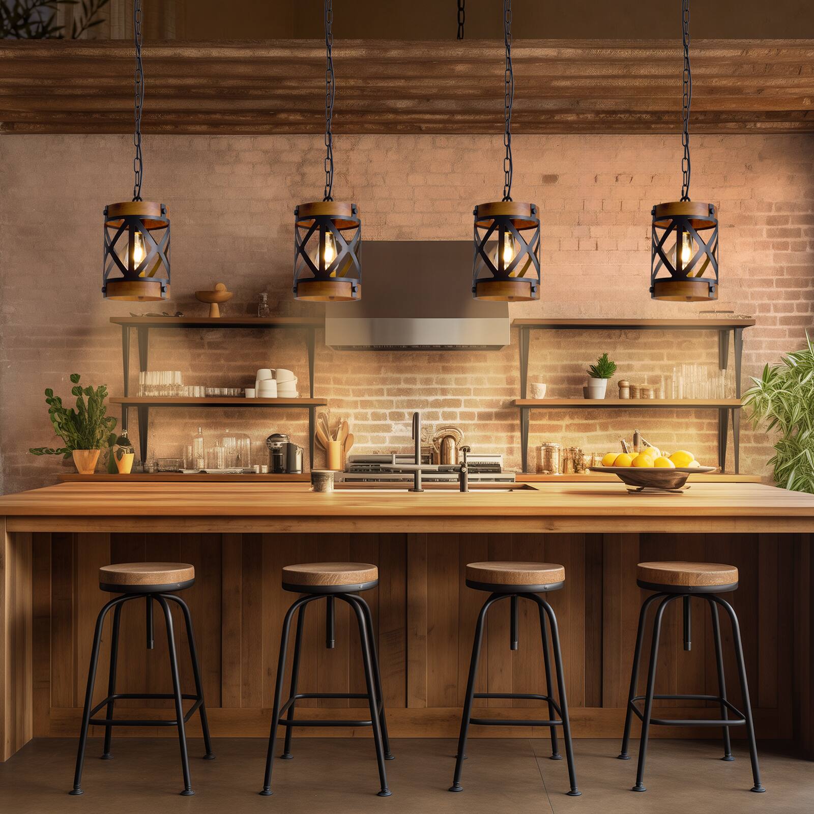 Alt View 6. Siljoy - 7-In Industrial Cage Pendant Light Black Wood Grain Lantern E26 Adjustable Height Kitchen Dining Entryway - Brown.