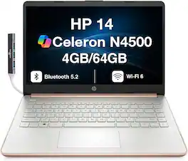 HP - 14 Laptop 14.0 HD Display (Intel Celeron N4500, 4GB DDR4, 64GB SSD, Intel UHD, WiFi 6, Webcam, Win 11 Home S-Mode) - Pale Rose Gold Natural Silver