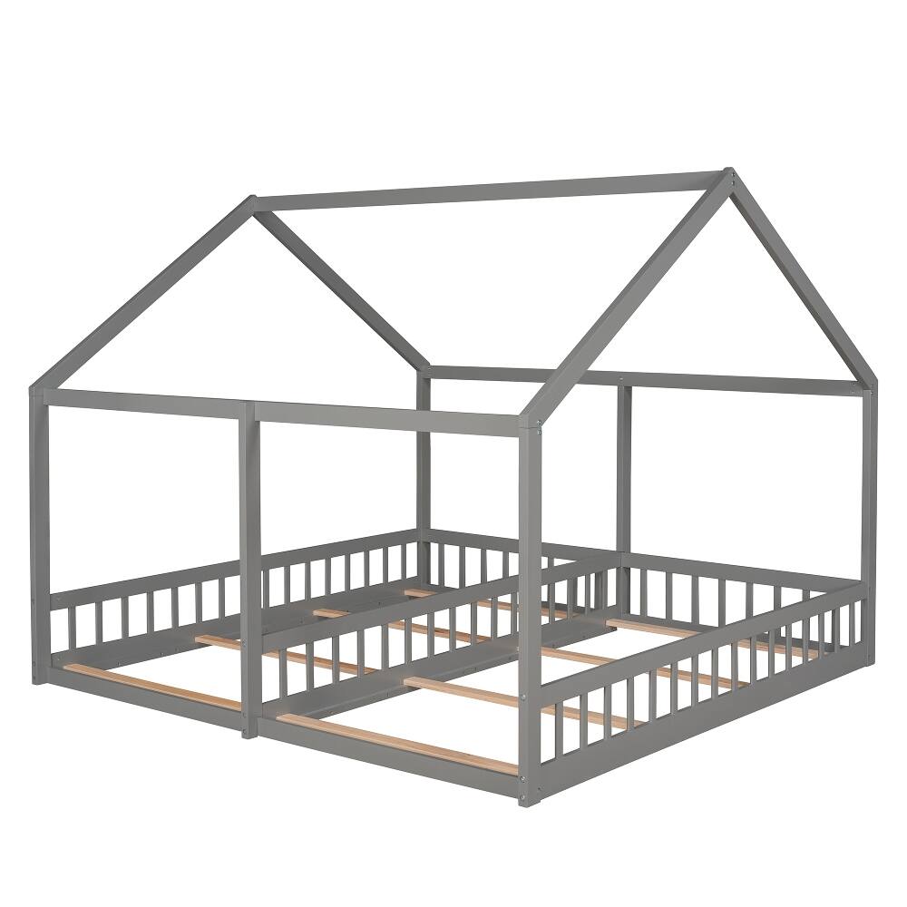 Alt View 3. Loheer - Loheer Twin House Platform Bed Two Shared Beds Gray Kids Bed - Gray.