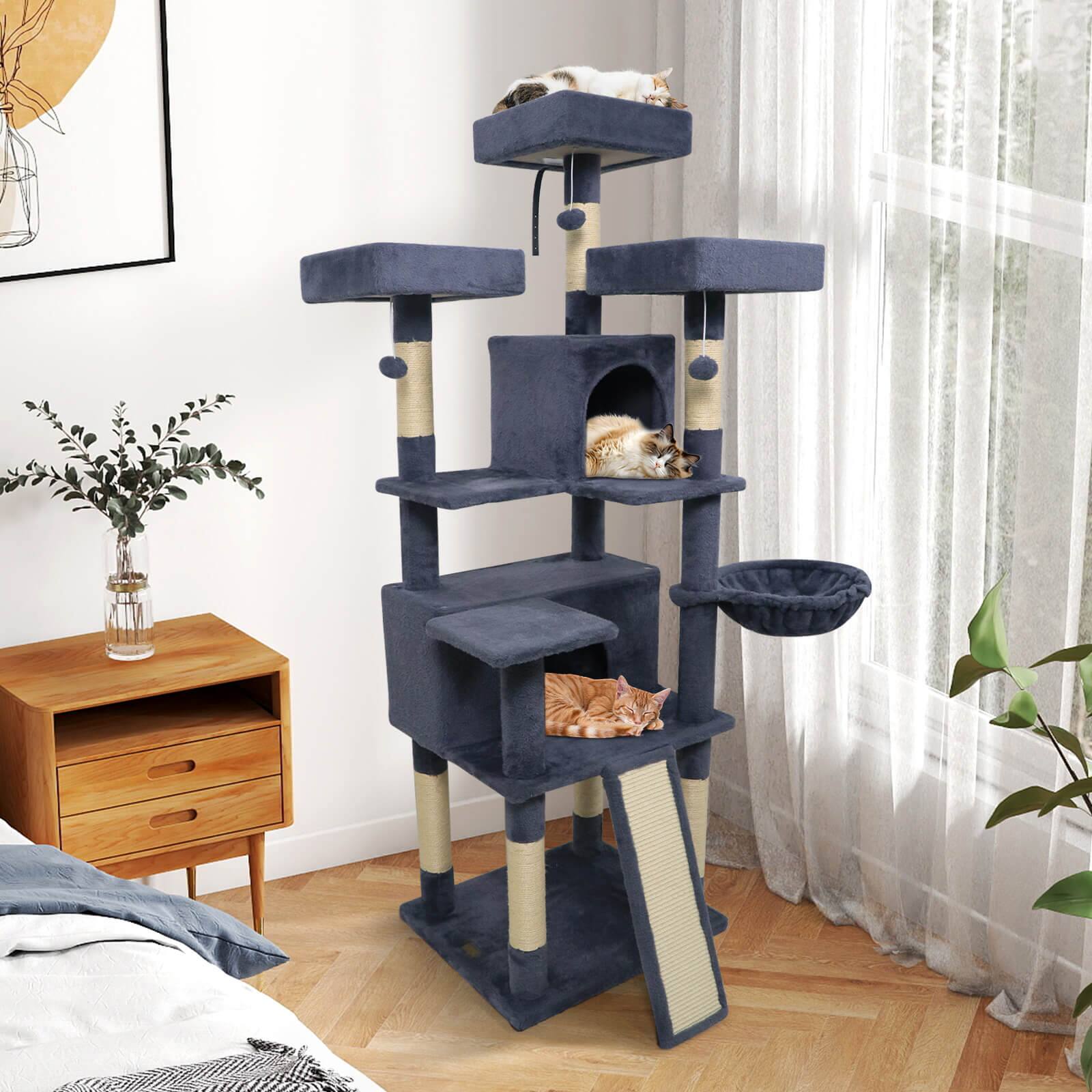 Alt View 4. Costway - Costway 65" Tall Multi-level Cat Tree with 3 Upholstered Top Perch 2 Cat Condos Cat Basket.
