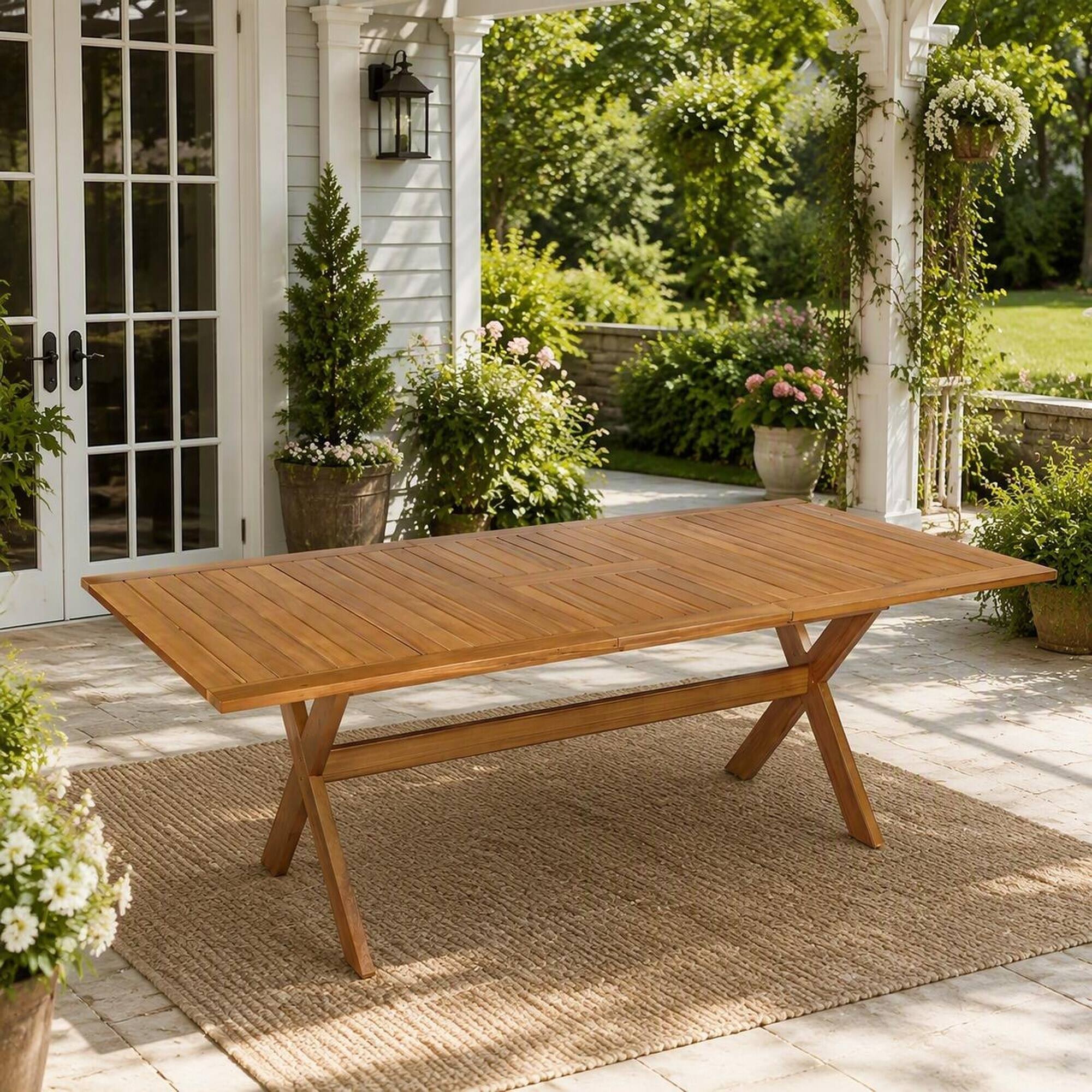 Angle. RYHNUYNE - 60"-76" Outdoor Extendable Dining Table, Solid Acacia Wood X-Leg Patio Table for Backyard Garden Deck, Natural Finish - Teak.