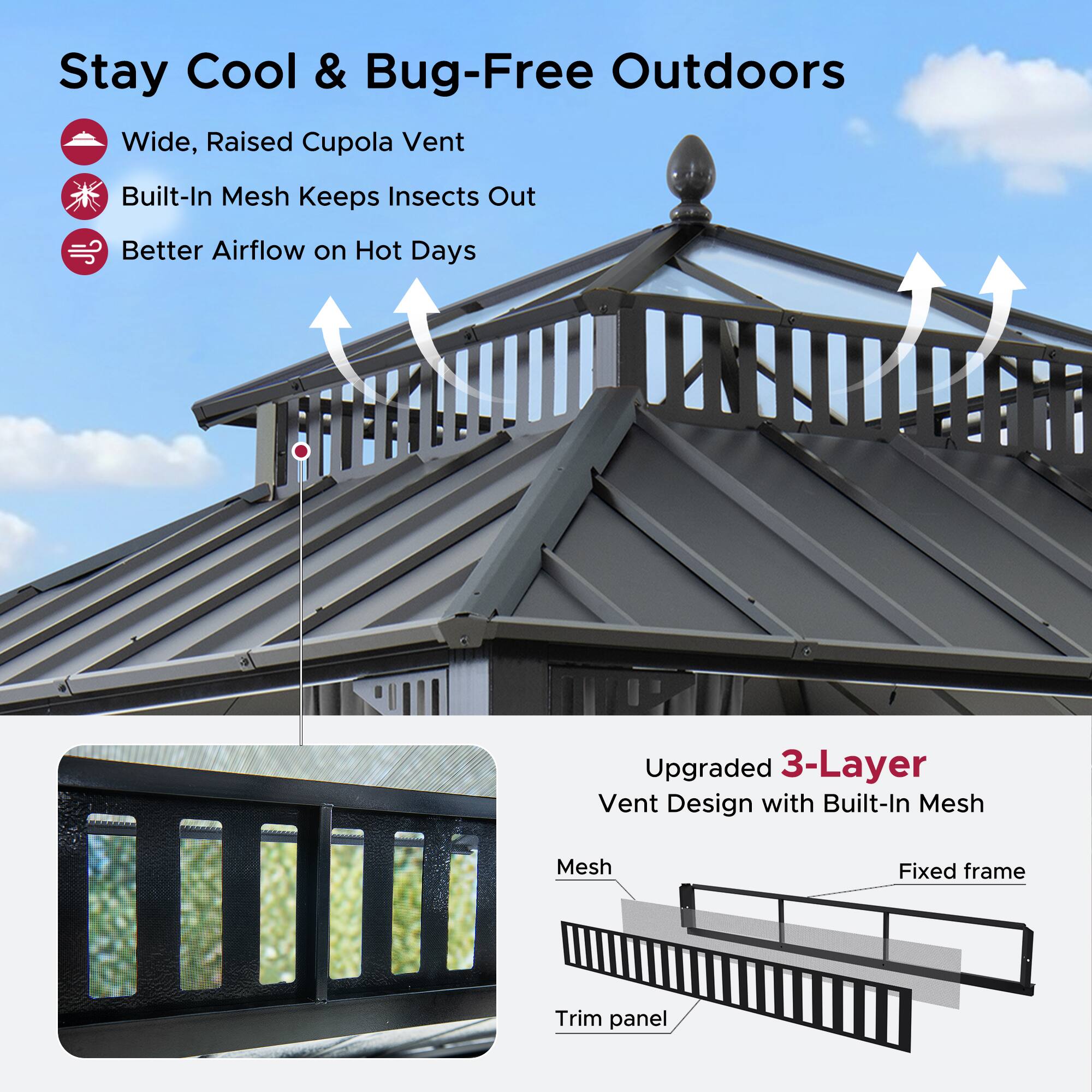 Stay Cool & Bug-Free Outdoors

- Wide, Raised Cupola Vent
- Built-In Mesh Keeps Insects Out
- Better Airflow on Hot Days

Upgraded 3-Layer Vent Design with Built-In Mesh

- Mesh
- Fixed frame
- Trim panel