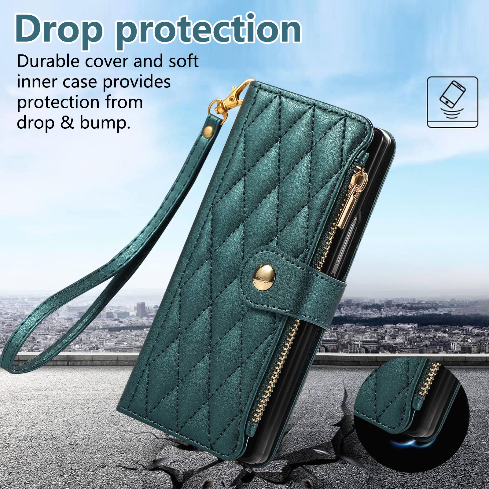 Drop protection  
Durable cover and soft inner case provides protection from drop & bump.