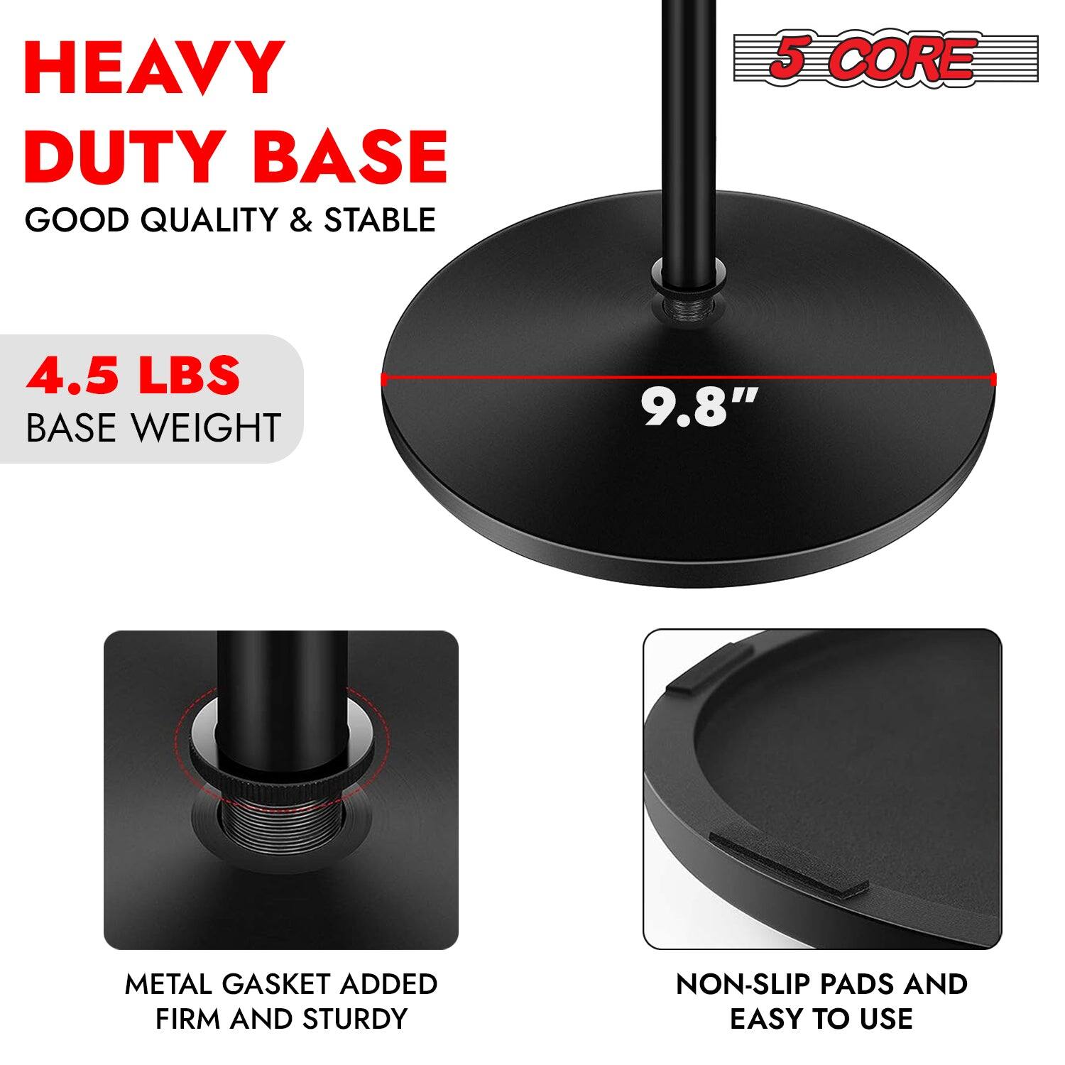 HEAVY DUTY BASE, GOOD QUALITY & STABLE, 5 CORE, 4.5 LBS BASE WEIGHT, 9.8", METAL GASKET ADDED, FIRM AND STURDY, NON-SLIP PADS AND EASY TO USE