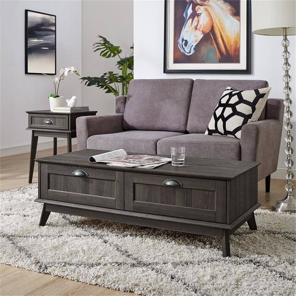 Left. Caffoz - Newport Series Tall Center Coffee Table With Two Fully Extended Drawers - Smoky Oak.