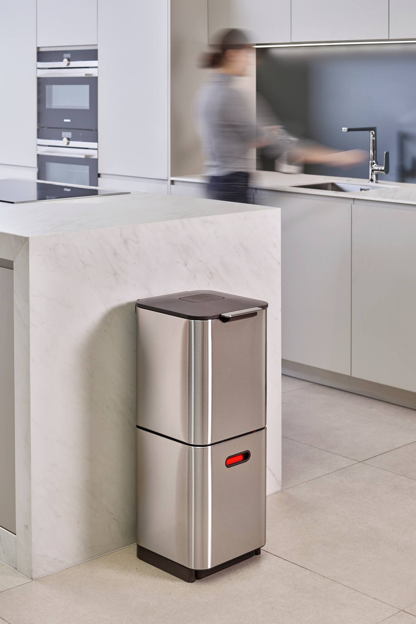 Alt View 1. Joseph Joseph - Totem Compact 40-liter Waste & Recycling Dual Kitchen Trash Can - Stainless Steel.