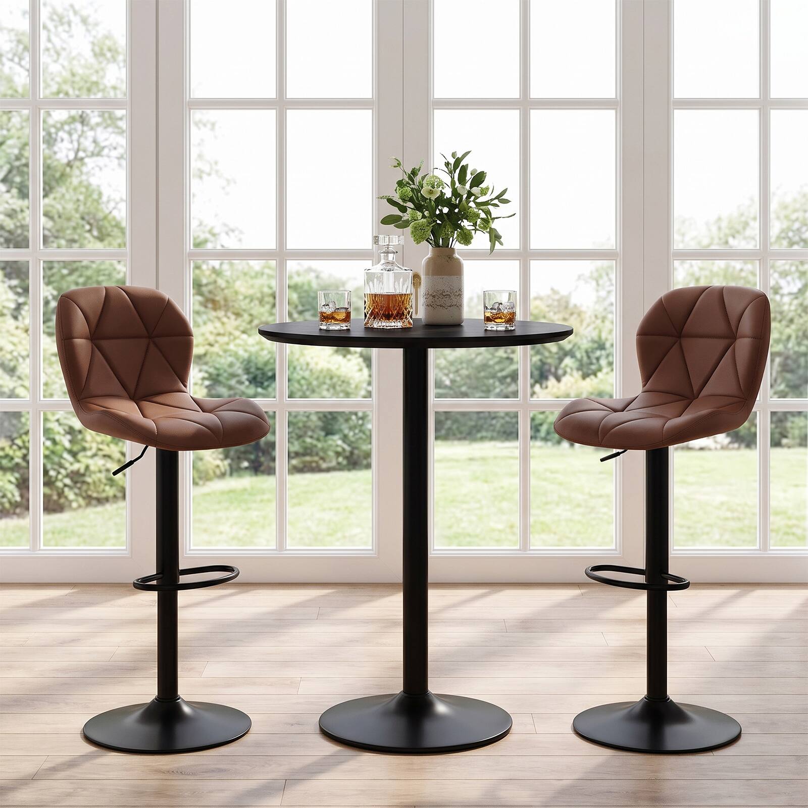Alt View 4. Costway - Costway 2 PCS Upholstered Swivel Bar Stools with Adjustable Height Curved Backs Footrests - Brown.