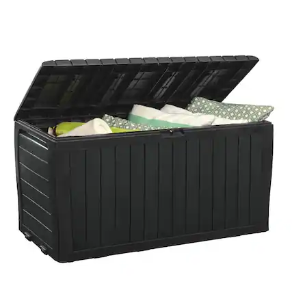Front. HM 1810 - Keter Marvel Plus 71 Gallon Resin Outdoor Storage Box Patio Furniture Cushions Throw Pillows Garden - Graphite.