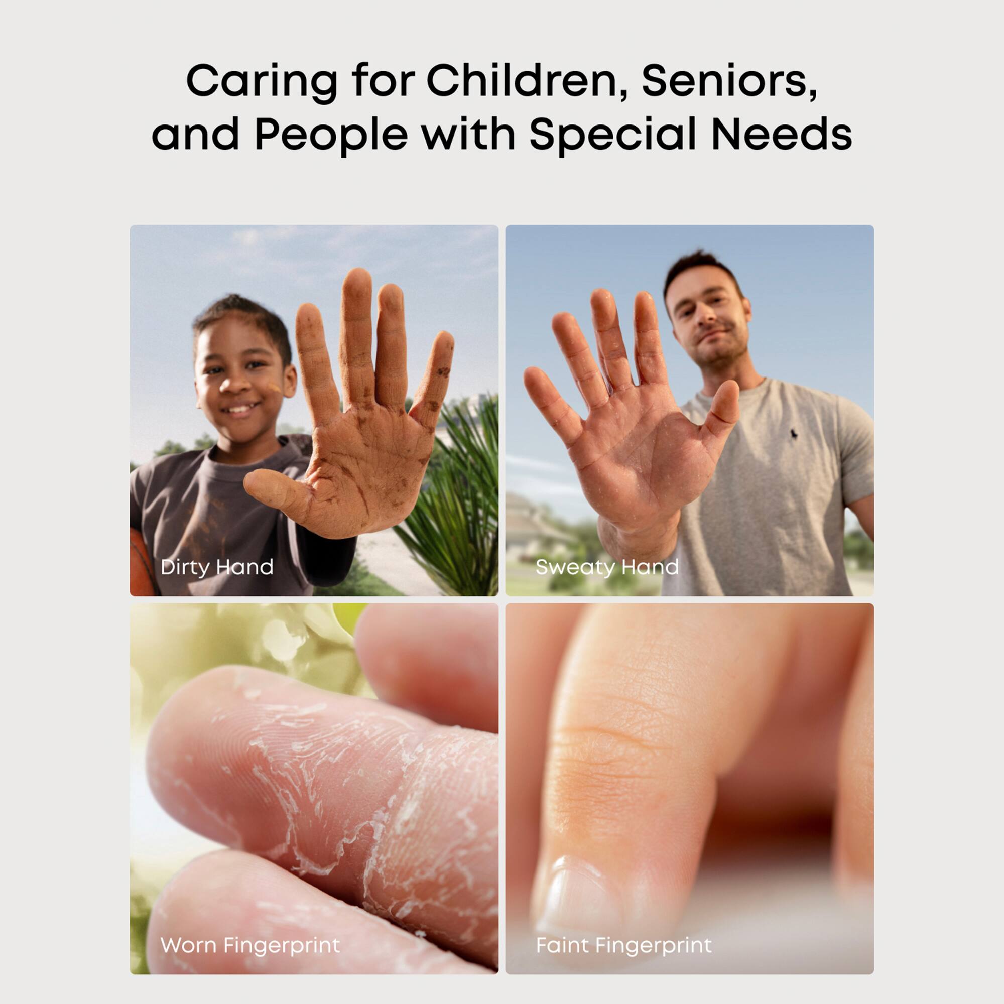 Caring for Children, Seniors, and People with Special Needs:

1. Dirty Hand:
2. Sweaty Hand:
3. Worn Fingerprint:
4. Faint Fingerprint: