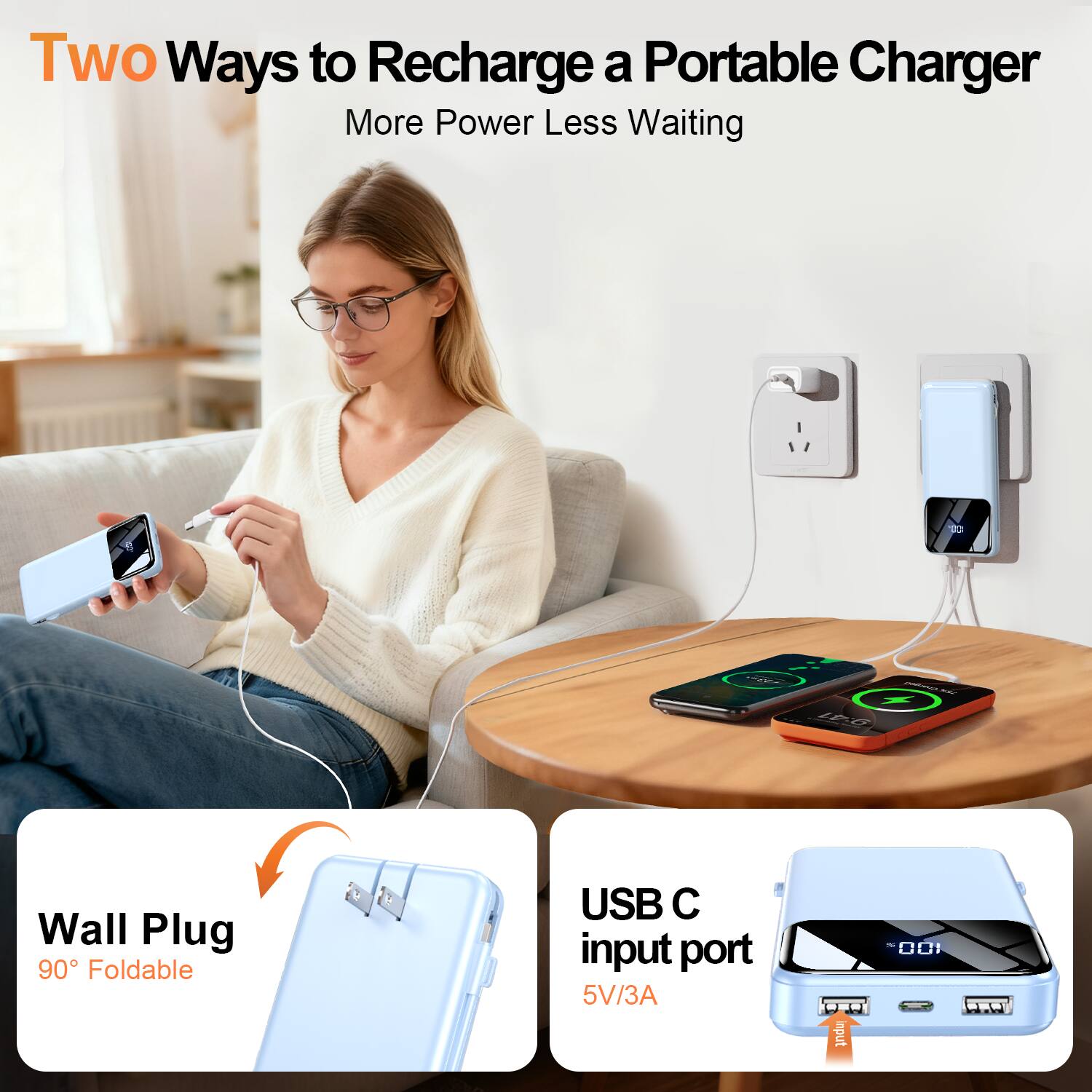 Two Ways to Recharge a Portable Charger  
More Power Less Waiting  

Wall Plug  
90° Foldable  

USB C input port  
5V/3A