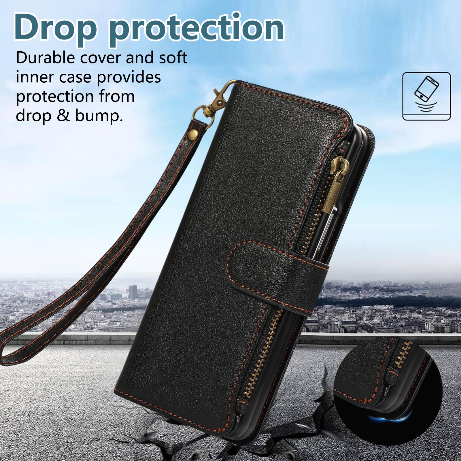 Drop protection  
Durable cover and soft inner case provides protection from drop & bump.